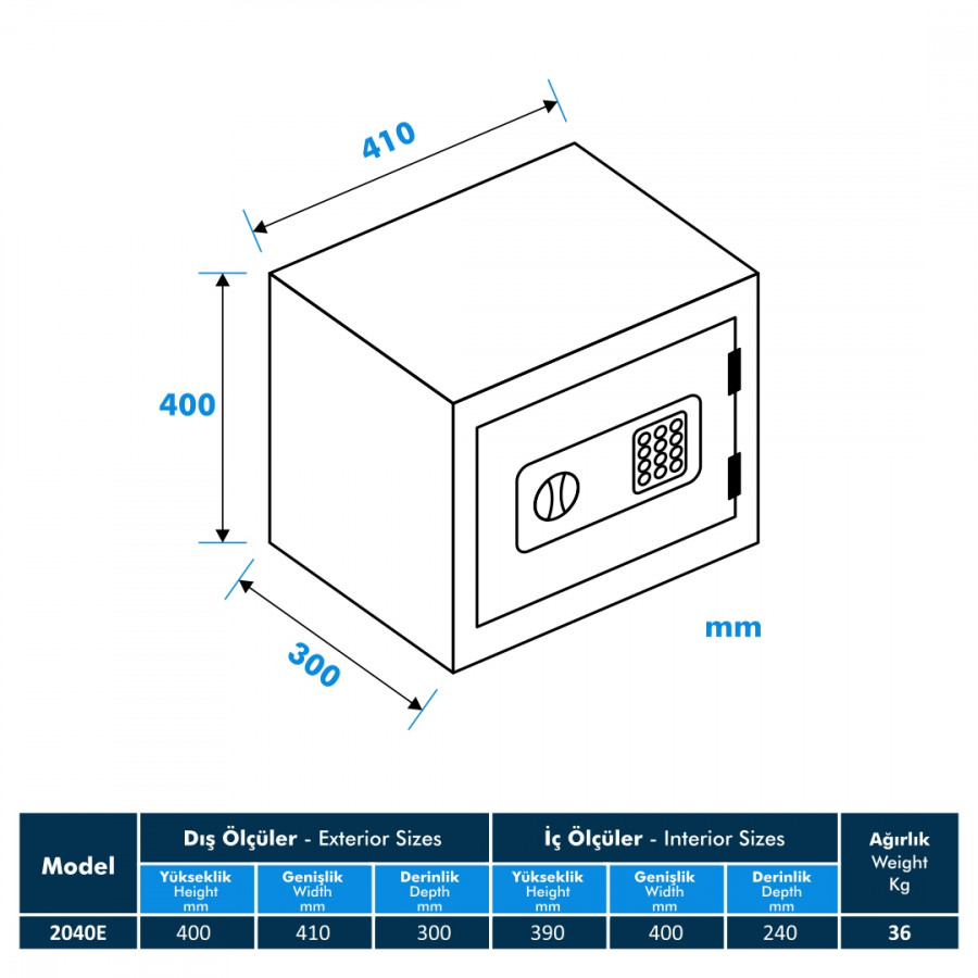 Model 2040-E Kadifeli Elektronik Ev ve Ofis Kasa