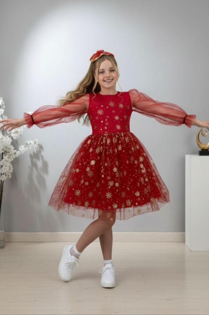 Işıltılı Kartanesi Desenli Kırmızı Çocuk Abiye Elbise ABY980