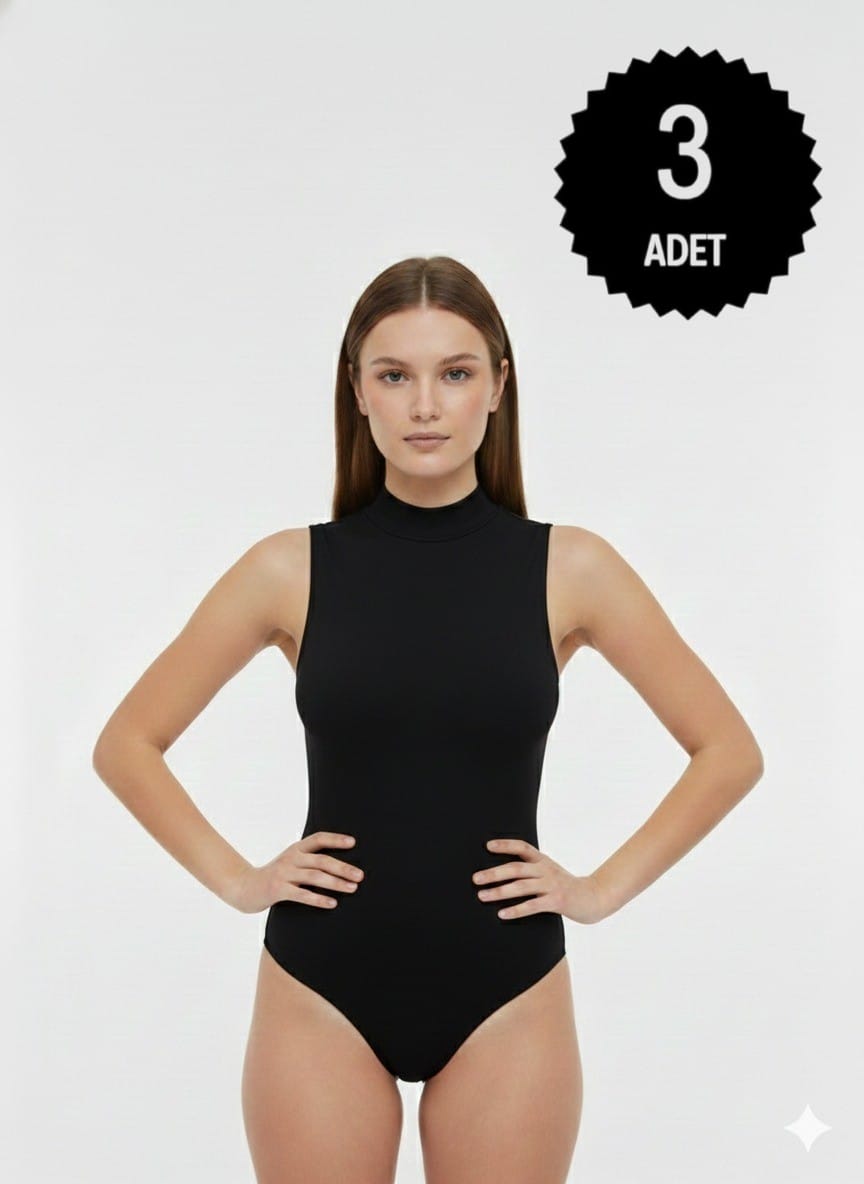 Sıla Sella 206 Viskon  Sıfır Kol Yarım Balıkçı Siyah Body 3'lü Paket