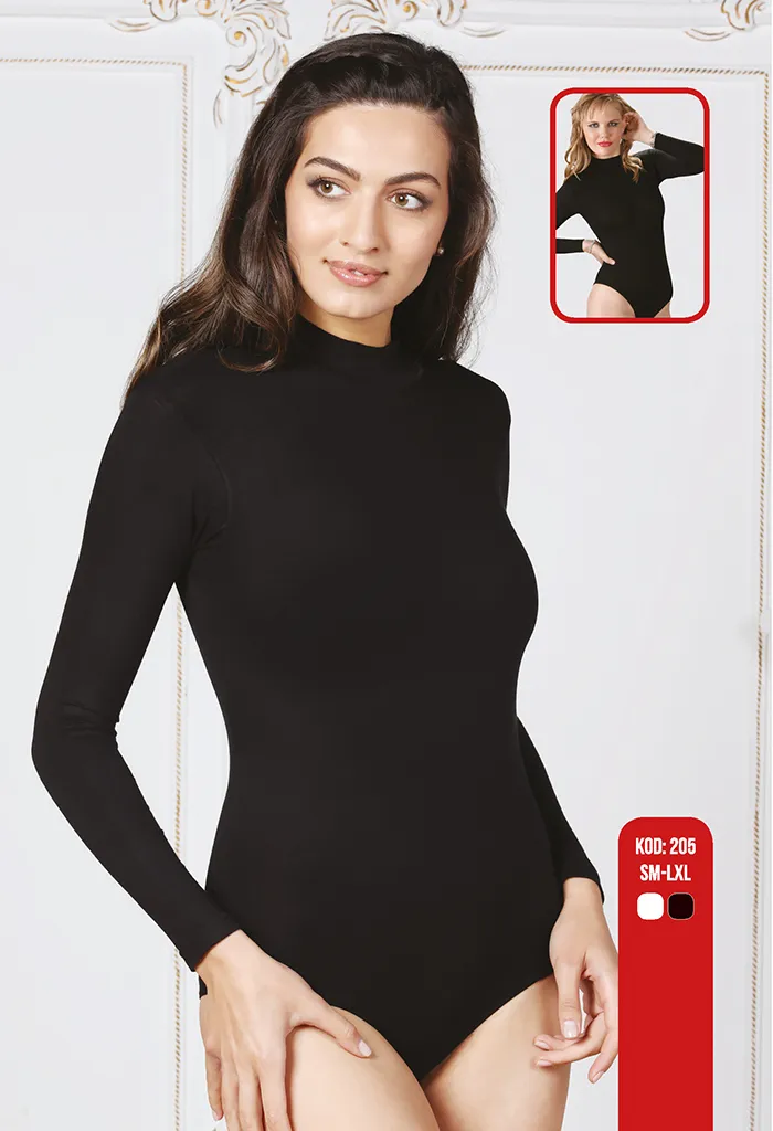 Sıla Sella 205 Viskon Yarım Balıkçı Yaka Uzun Kol Siyah Body 3'lü Paket
