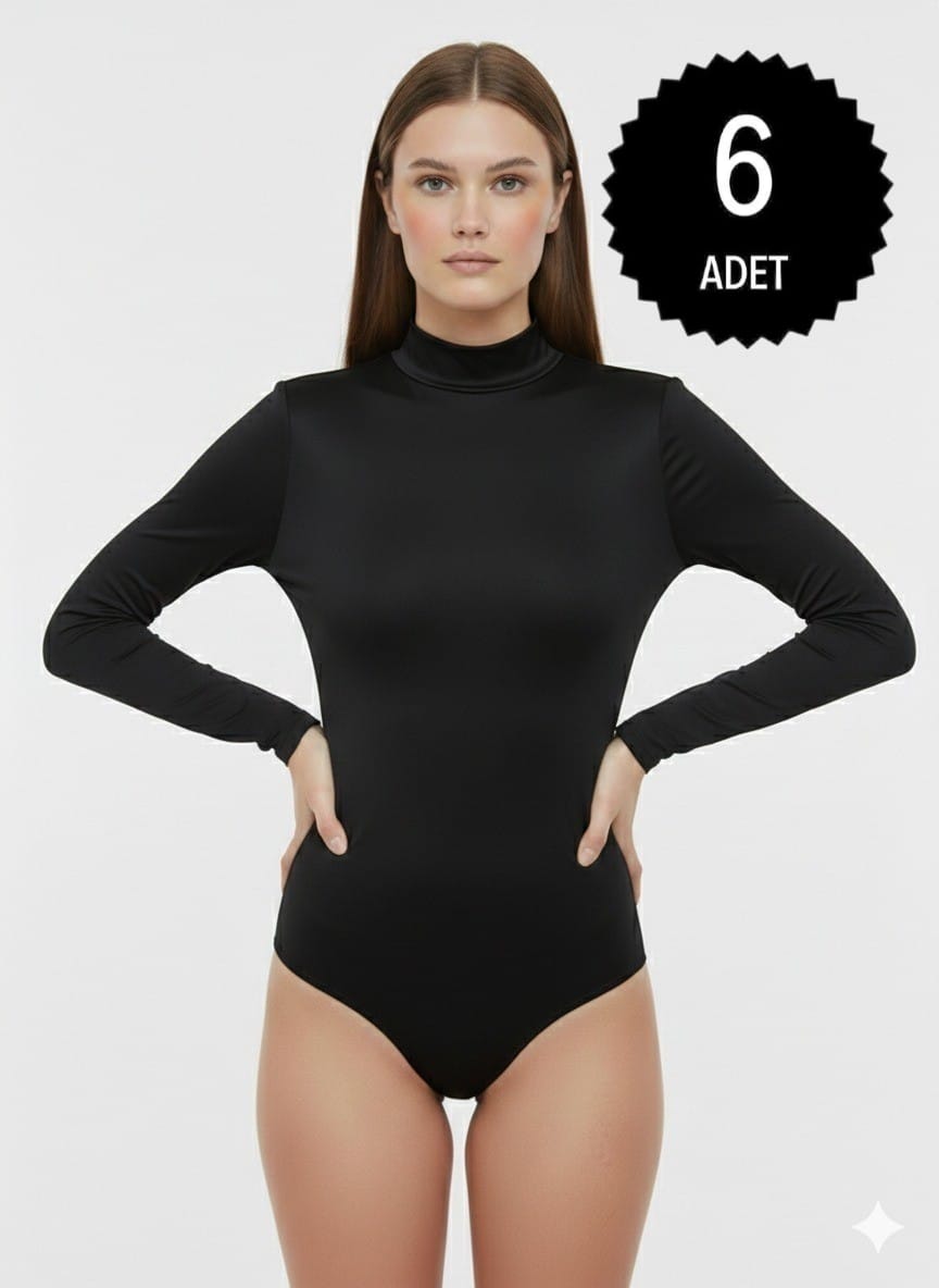 Sıla Sella 205 Viskon Yarım Balıkçı Yaka Uzun Kol Siyah Body 6'lı Paket