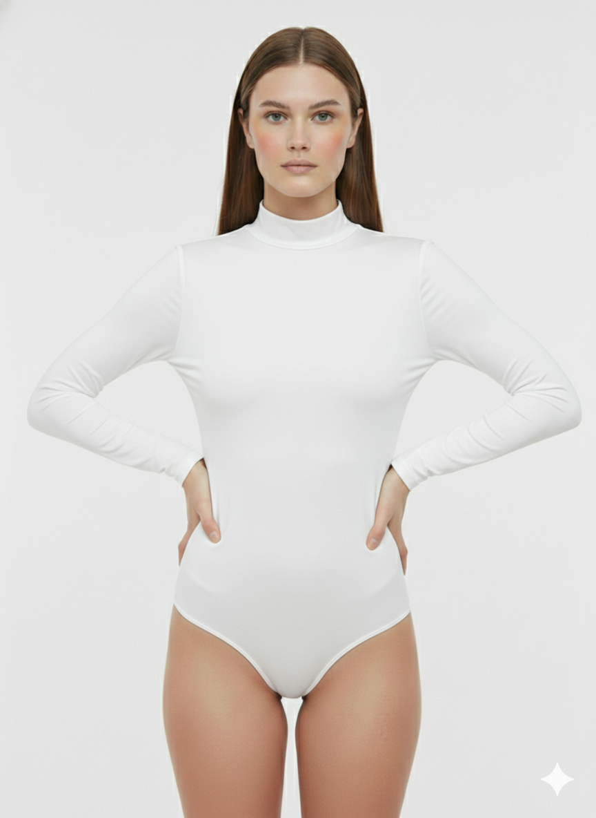 Sıla Sella 205 Viskon Yarım Balıkçı Yaka Uzun Kol Beyaz Body