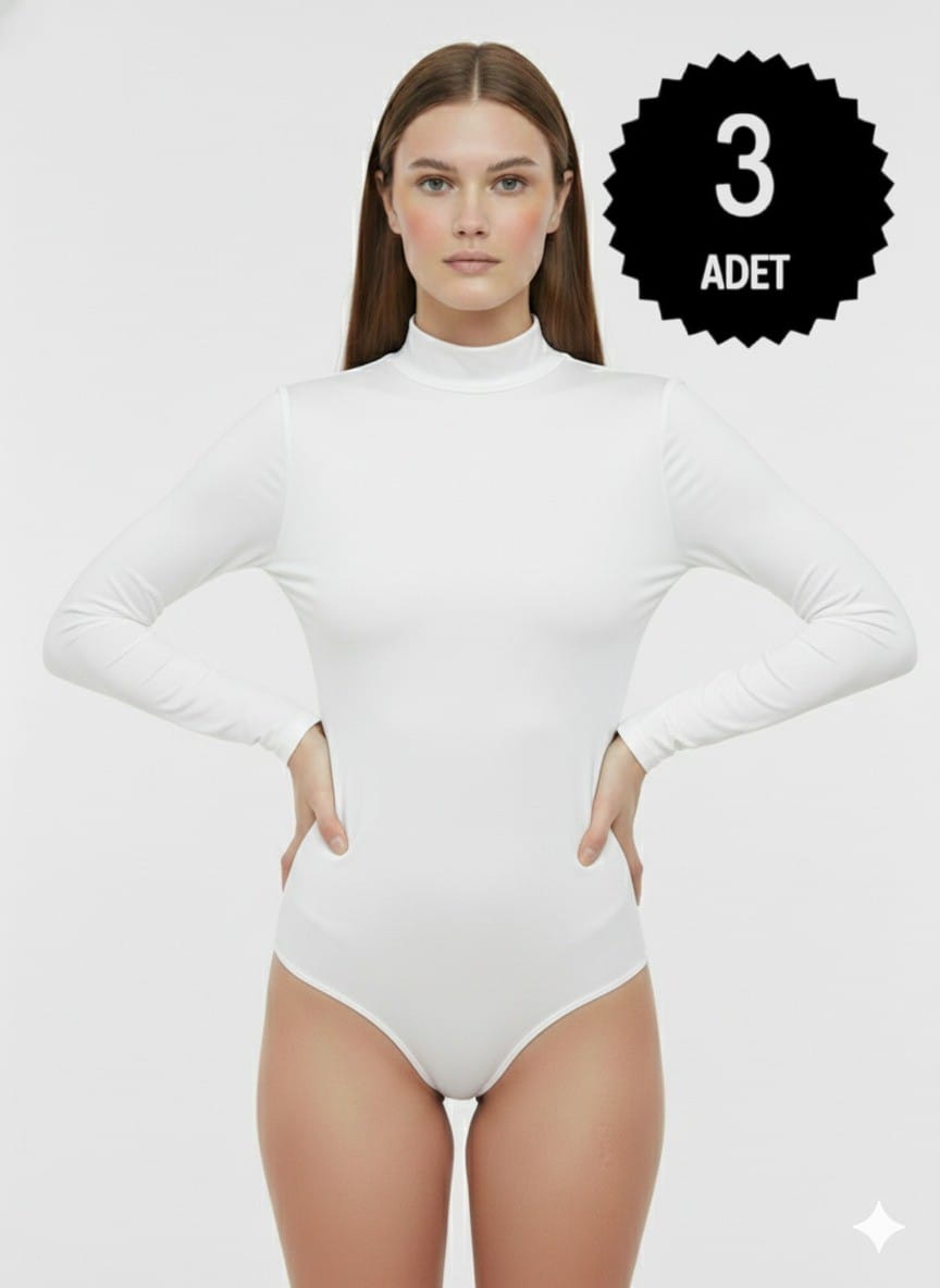 Sıla Sella 205 Viskon Yarım Balıkçı Yaka Uzun Kol Beyaz Body 3'lü Paket