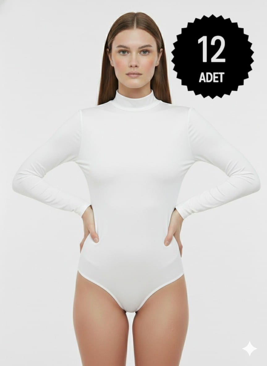 Sıla Sella 205 Viskon Yarım Balıkçı Yaka Uzun Kol Beyaz Body 12'li Paket