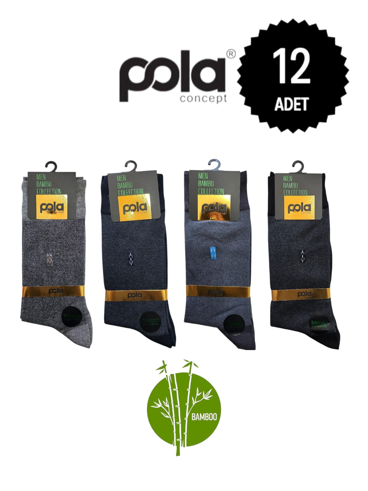 Pola Erkek Bambu Dikişsiz Soket Çorap Karışık 12'li Paket