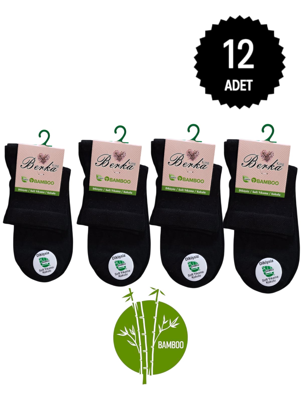 Berka Kadın Bambu Dikişsiz Kısa Konç Çorap Siyah 12'li Paket