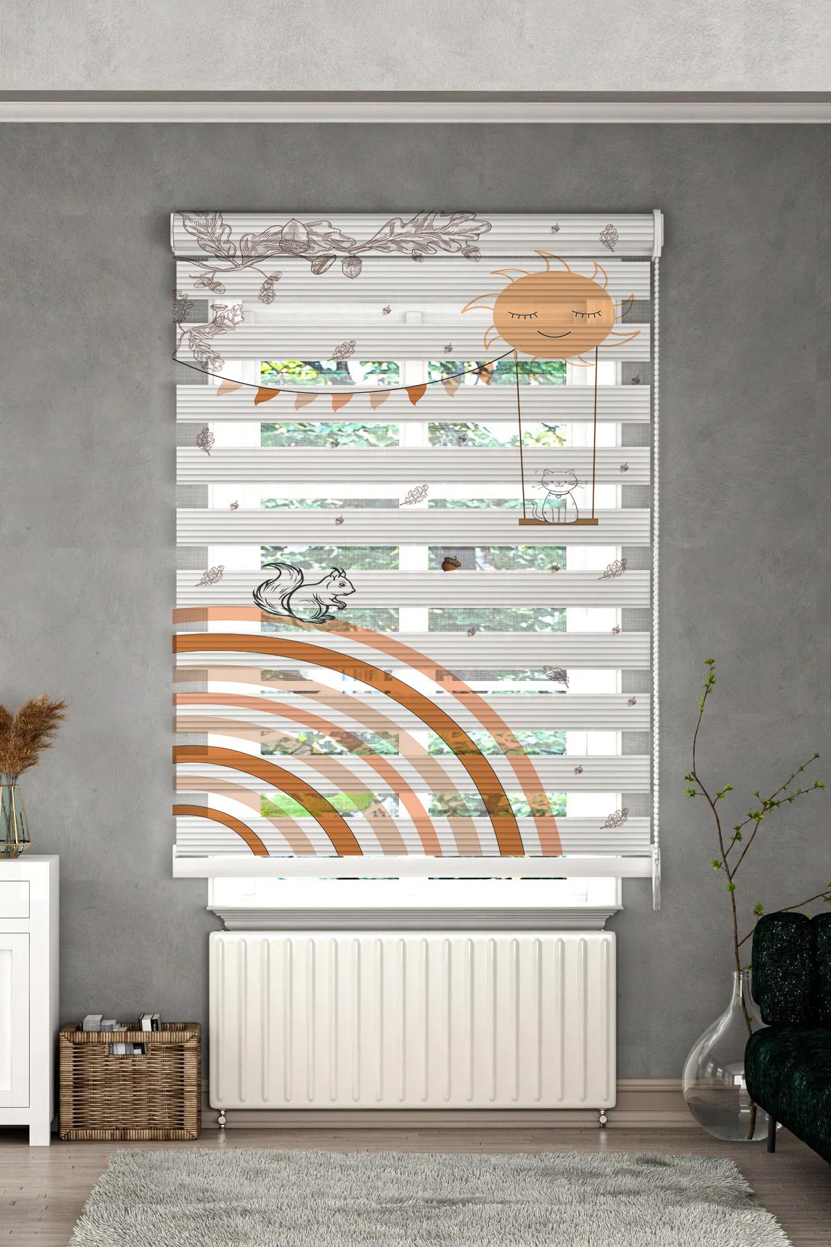 Minibabyrooms Tavşan ve Salıncakta Kedi Desenli Zebra Perde