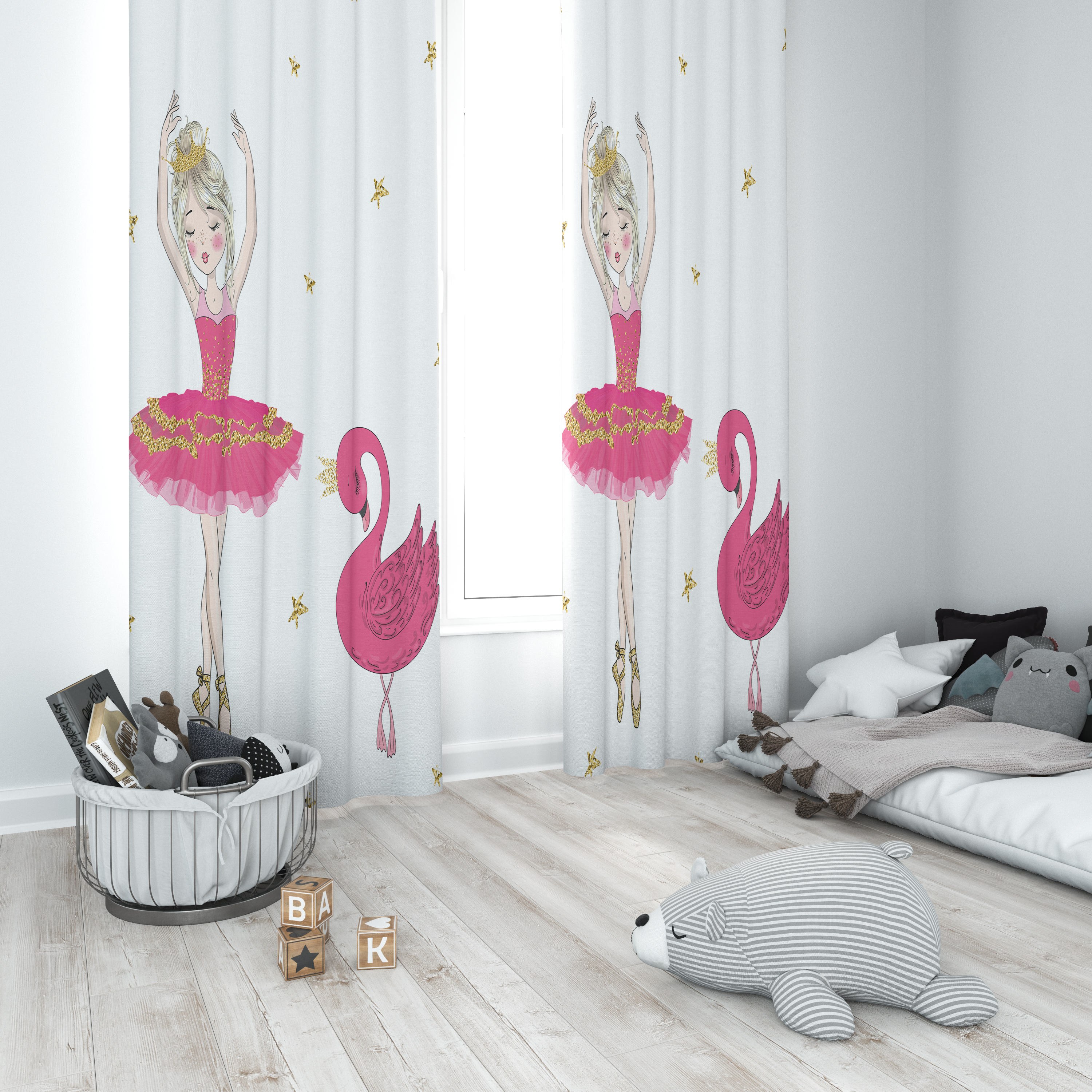 Minibabyrooms Pembe Balerin Kız ve Kuğu Desenli Fon Perde