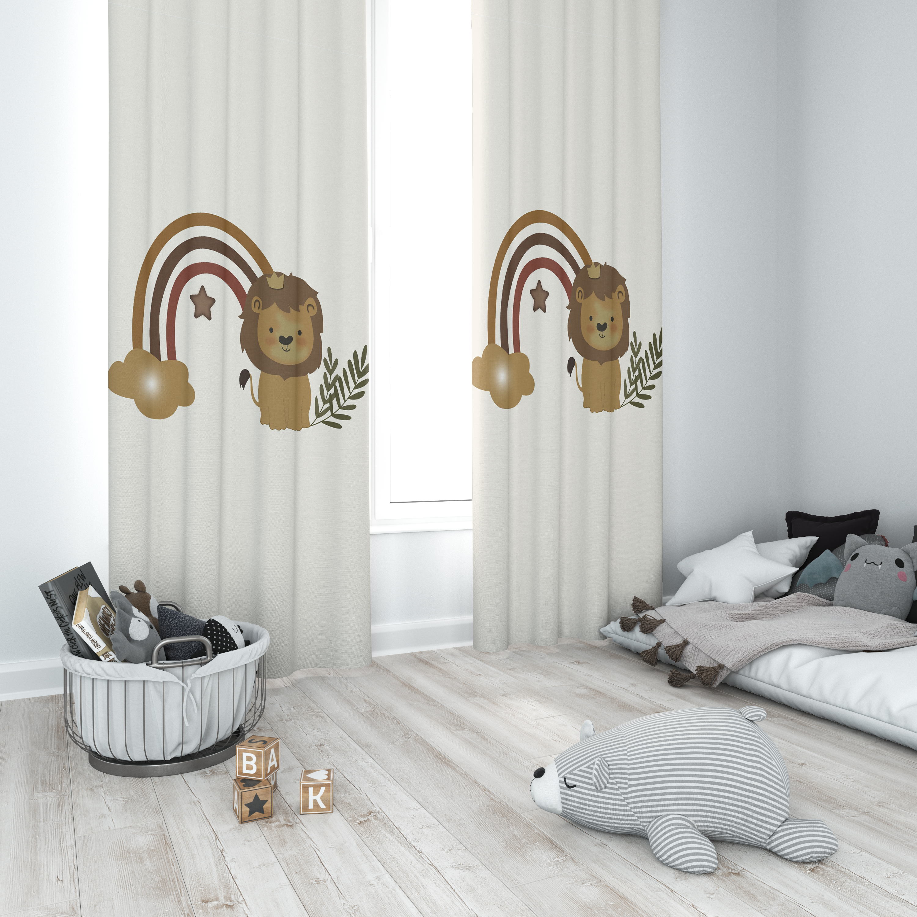 Minibabyrooms Aslan ve Gökkuşağı Desenli Fon Perde