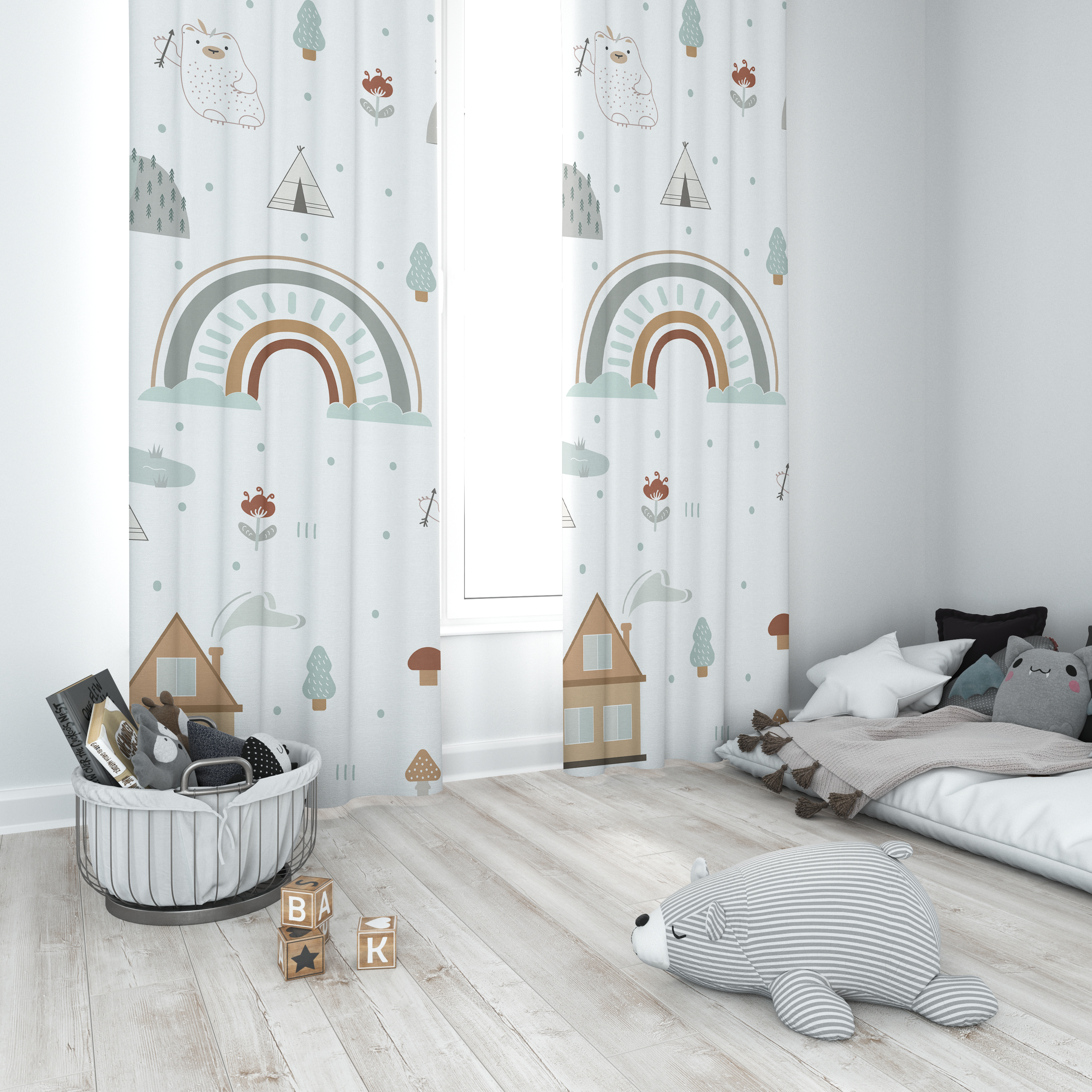 Minibabyrooms Seksek Gökkuşağı Desenli Fon Perde