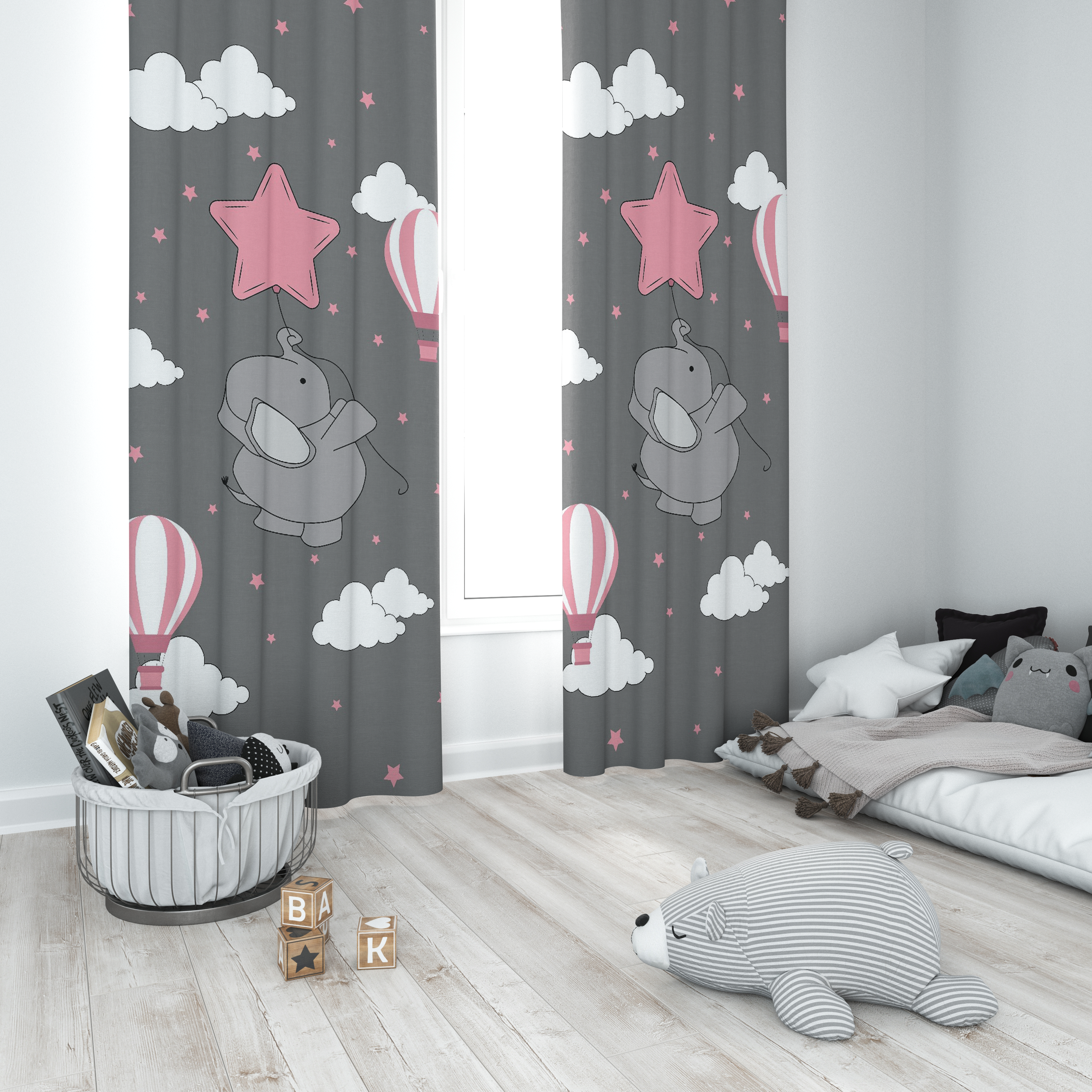 Minibabyrooms Pembe Yıldızlı Fil Desenli Fon Perde