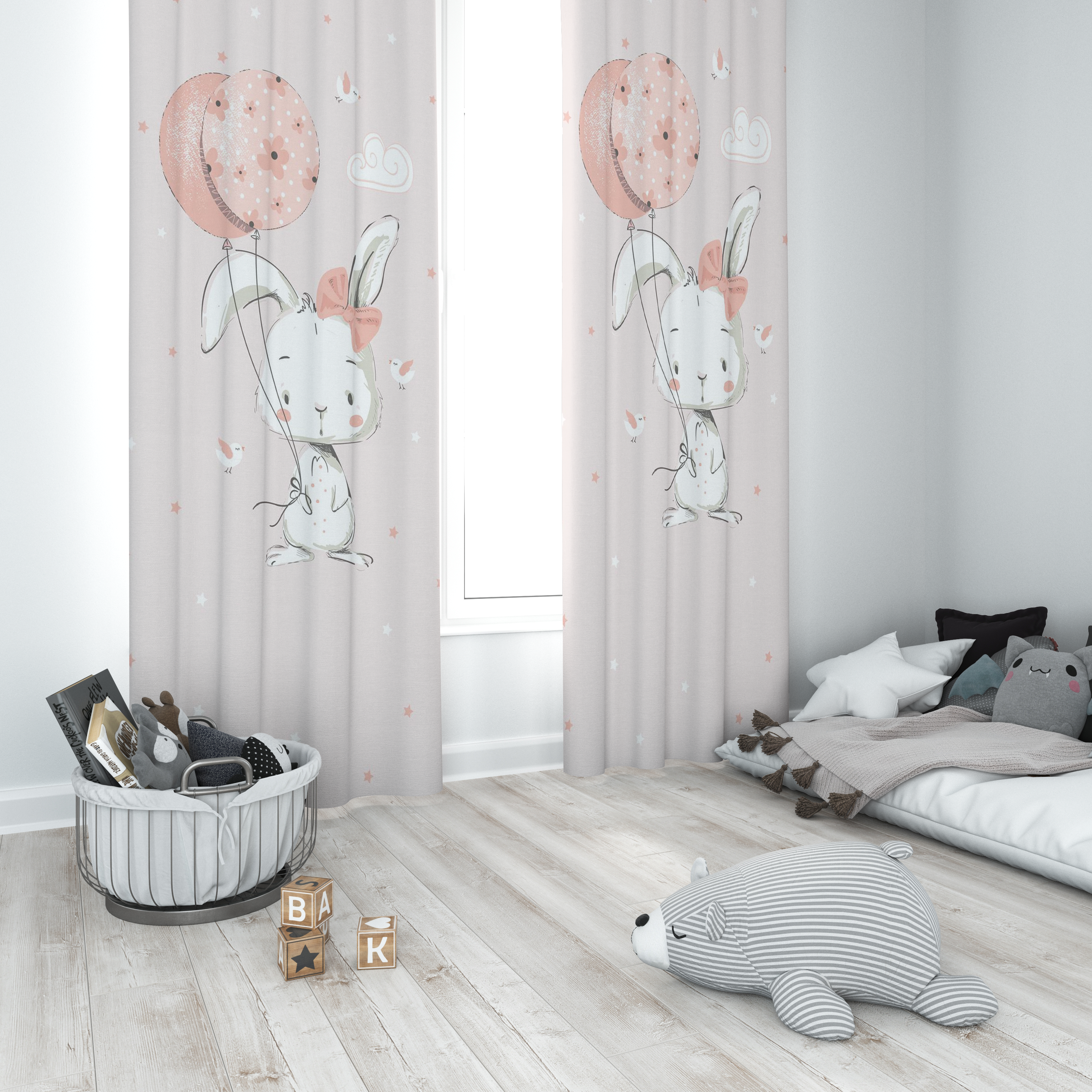 Minibabyrooms Balonlu Tavşan Desenli Fon Perde