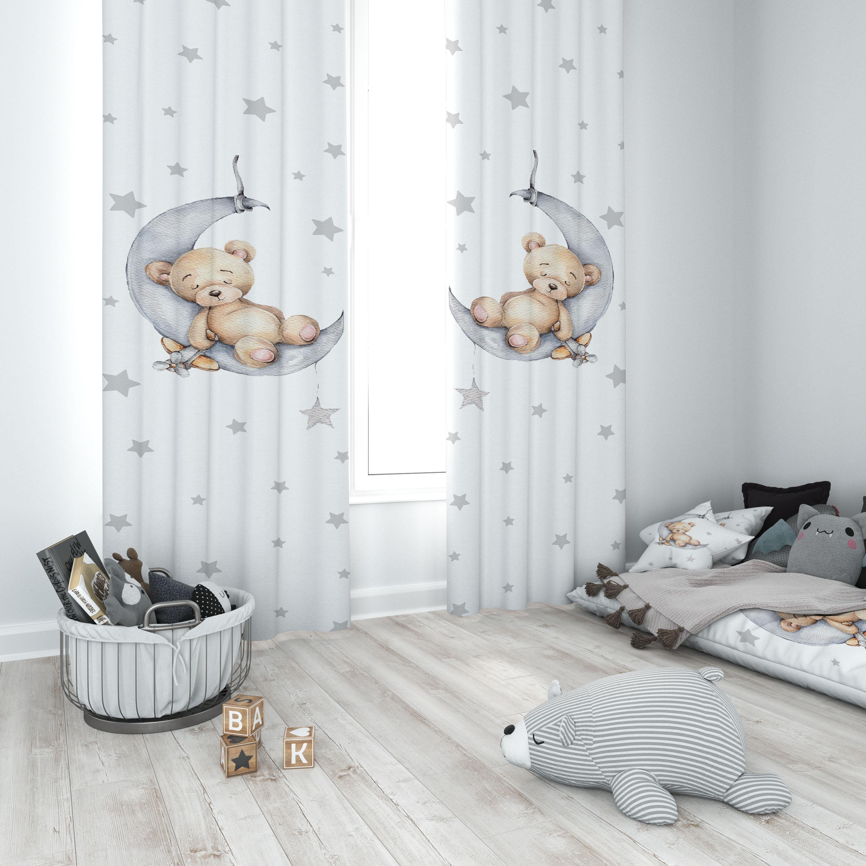 Minibabyrooms Ayda Uyuyan Ayıcık Beyaz Zemin Temalı Fon Perde
