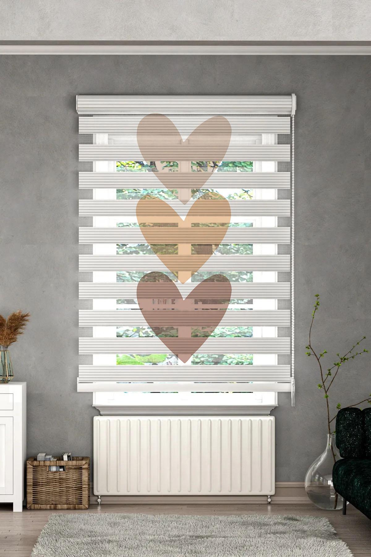 Minibabyrooms Kahverenkli Kalplar Desenli Zebra Perde