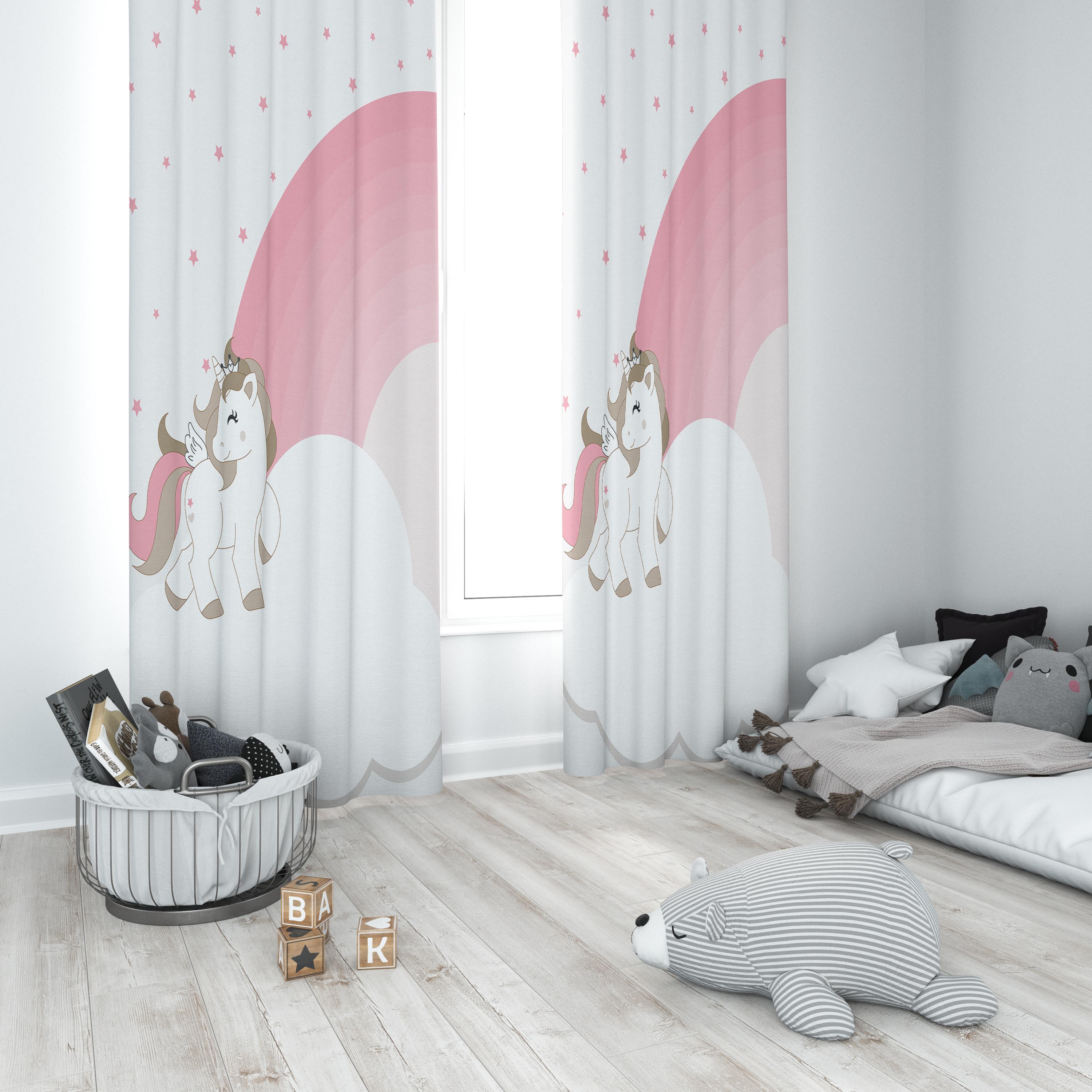 Minibabyrooms Pembe Unicorn ve Gökkuşağı Temalı Fon Perde