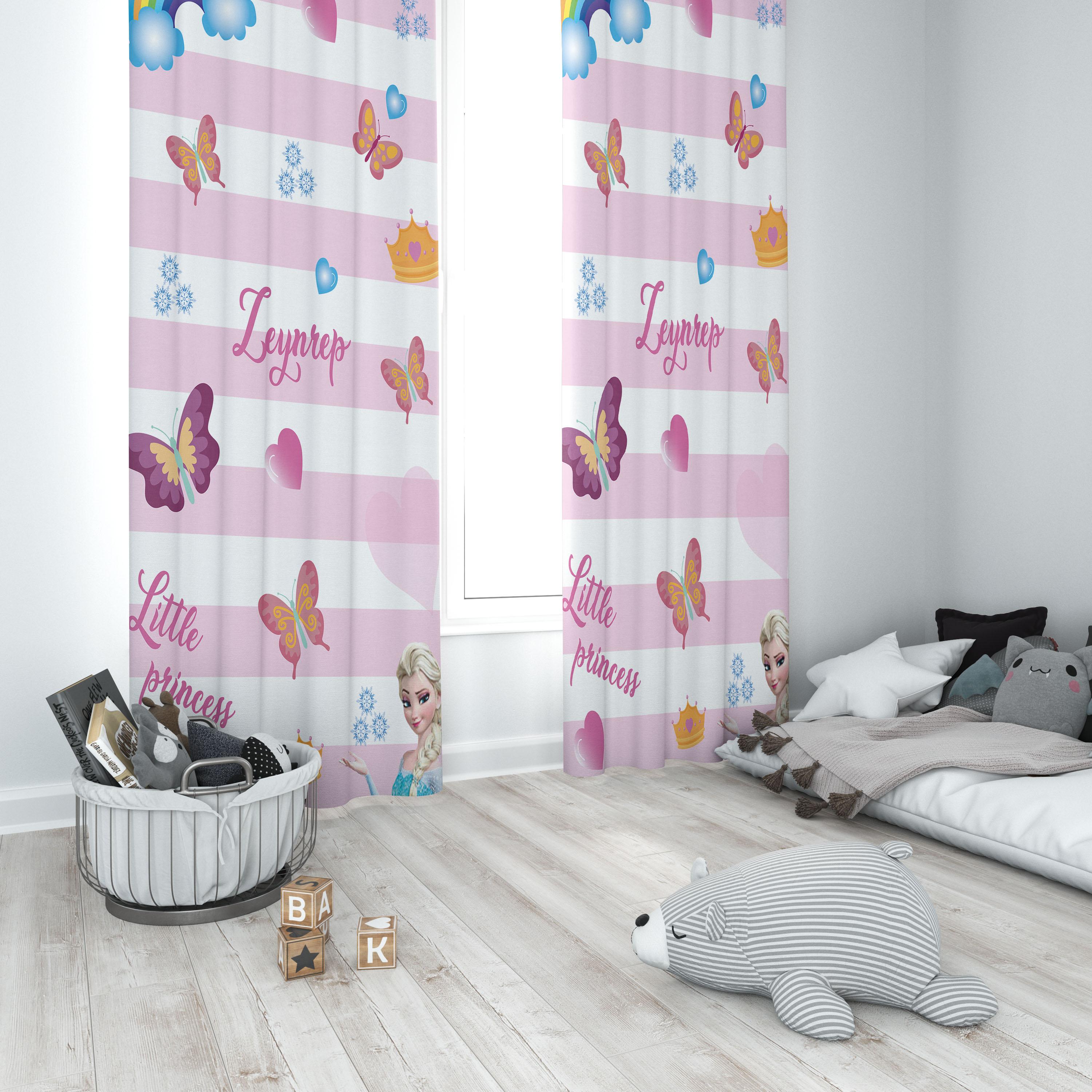 Minibabyrooms Pembe Beyaz Şeritli Elsa ve Seksek Temalı Fon Perde