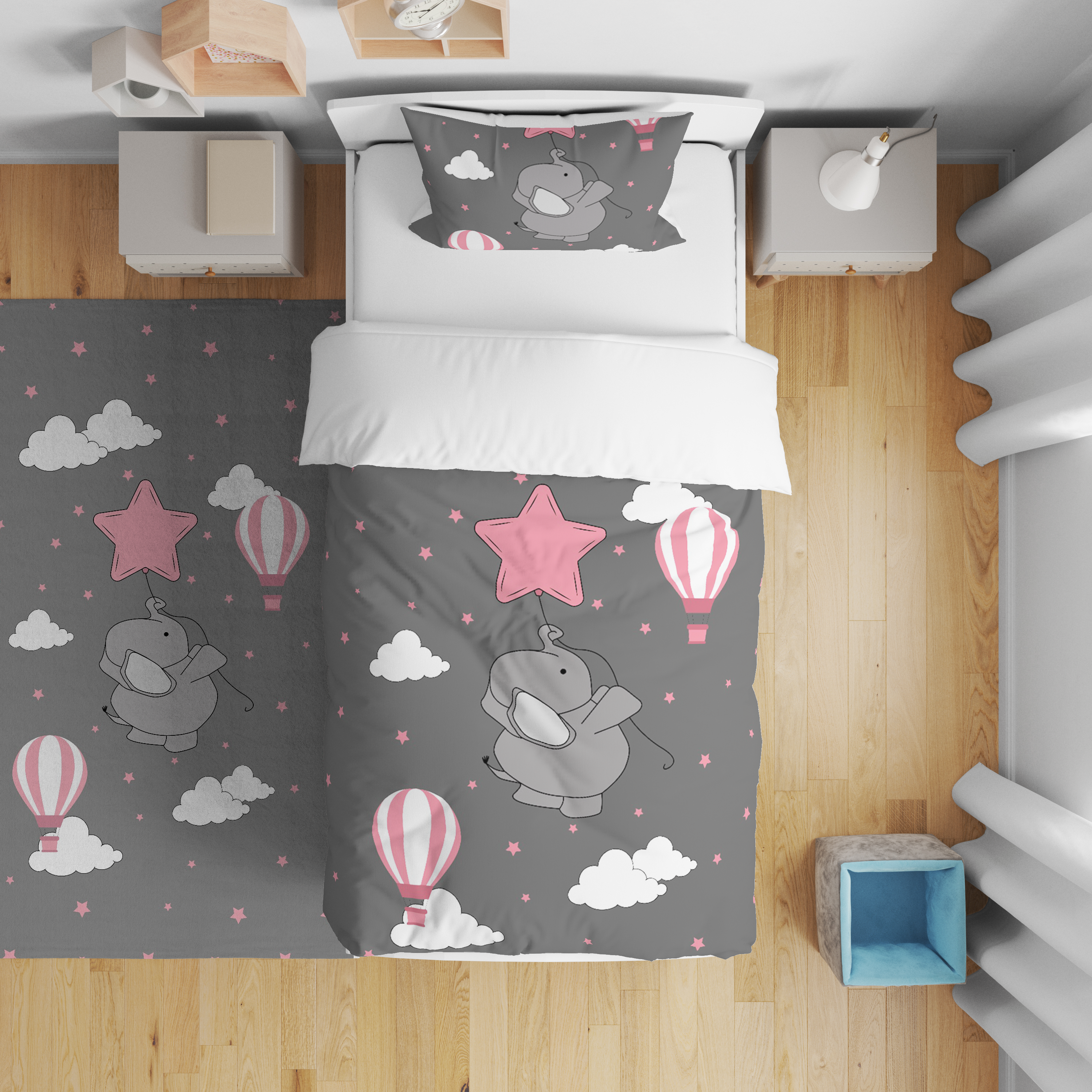 Minibabyrooms  Pembe Yıldızlı Fil Desenli Nevresim Takımı