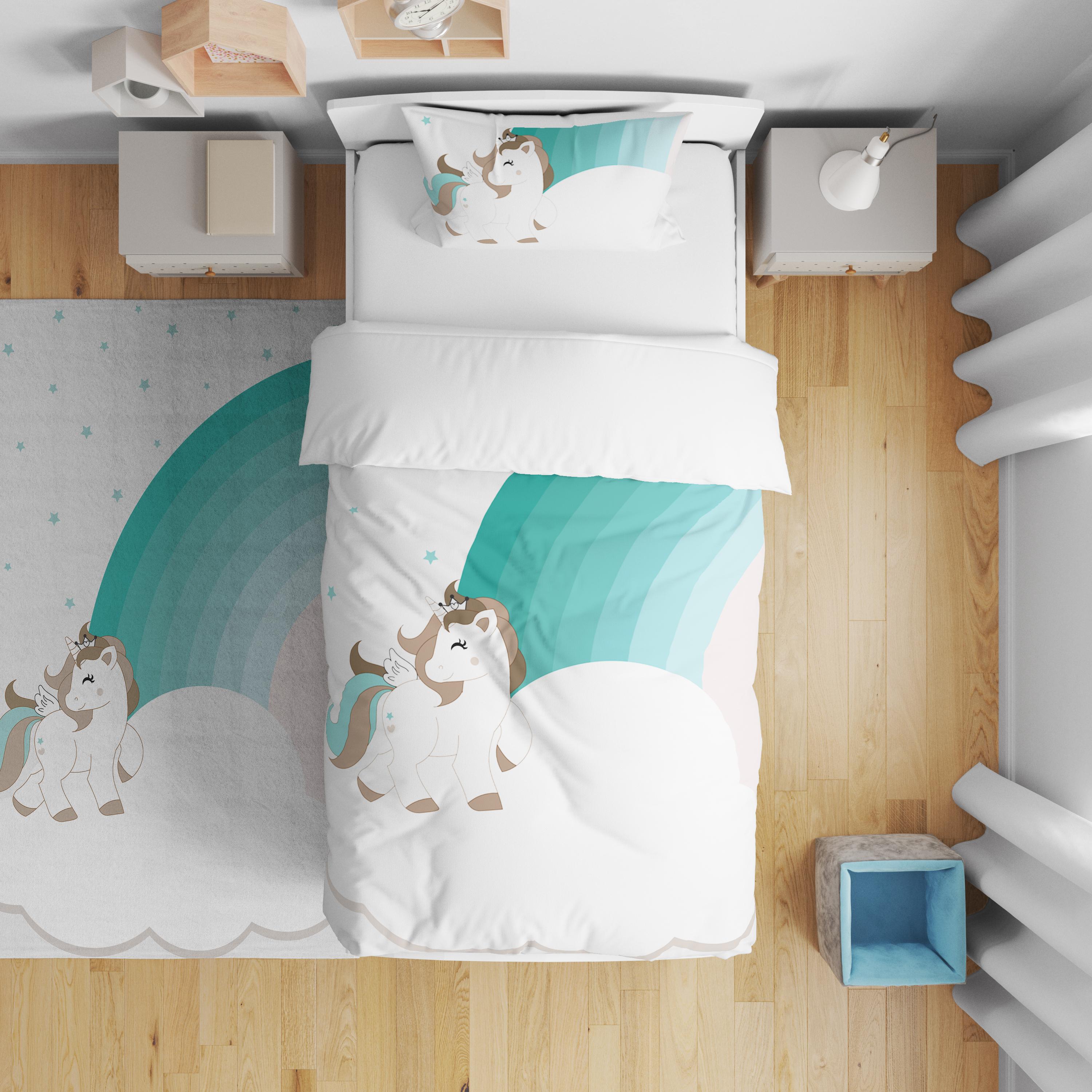 Minibabyrooms  Yeşil Unicorn ve Gökkuşağı Desenli Nevresim Takımı