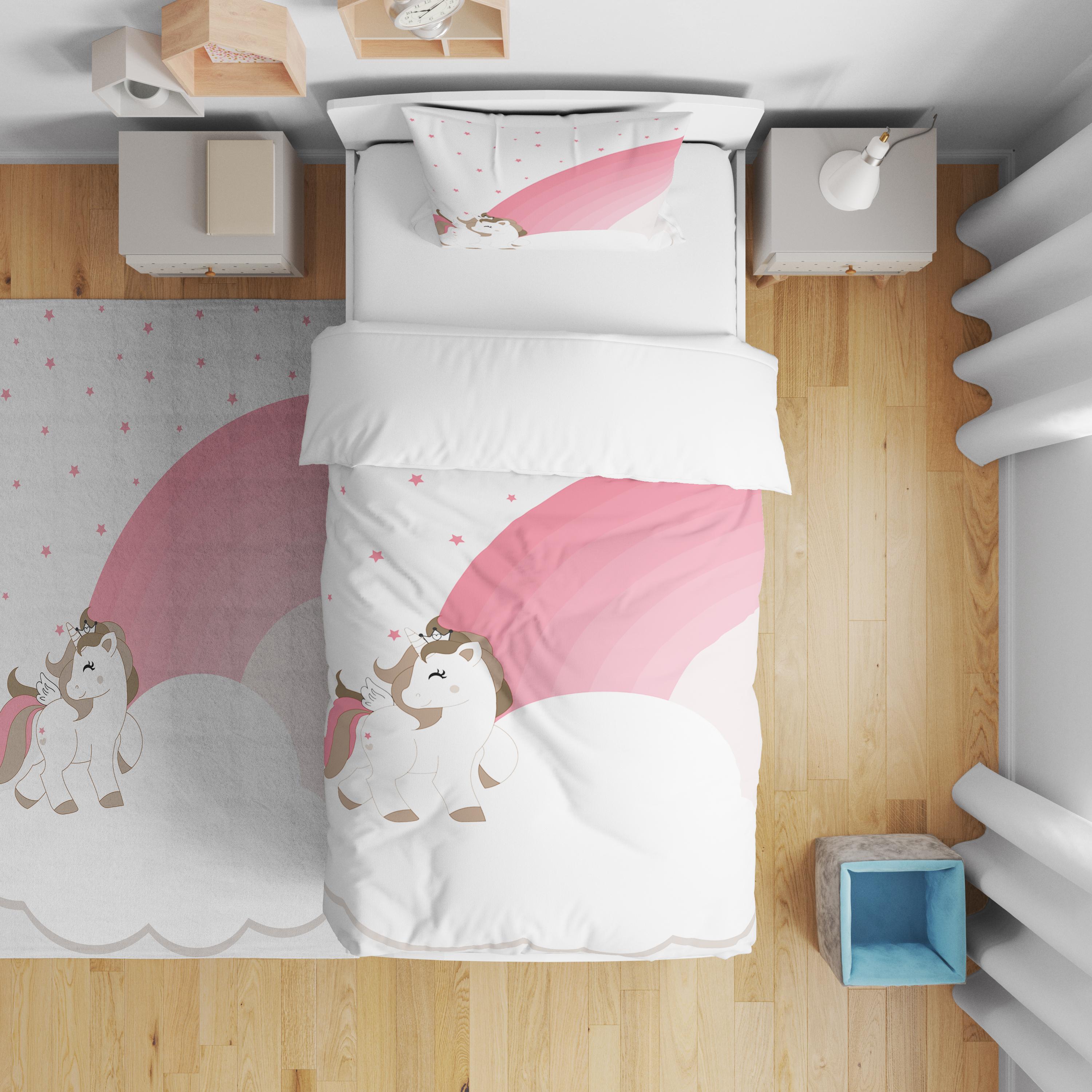 Minibabyrooms   Pembe Unicorn ve Gökkuşağı Desenli Nevresim Takımı