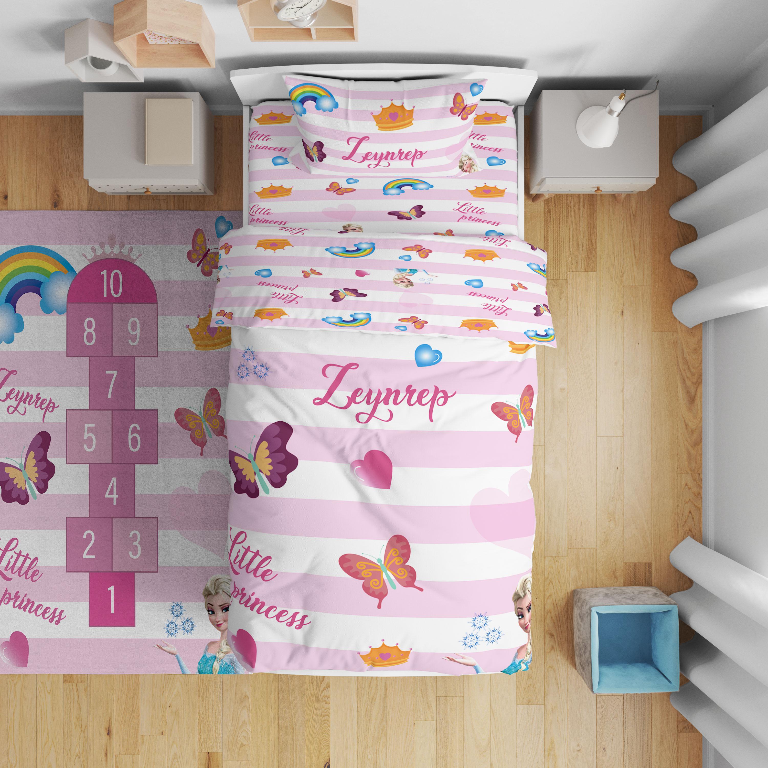 Minibabyrooms  Pembe Beyaz Şeritli Elsa ve Seksek Desenli Nevresim Takımı