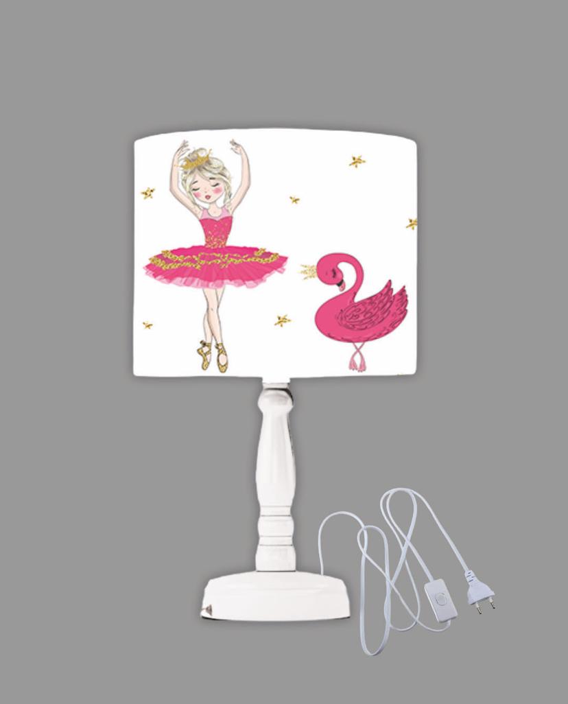 Minibabyrooms Pembe Balerin Kız ve Kuğu Desenli Ahşap Oyma Ayak Abajur