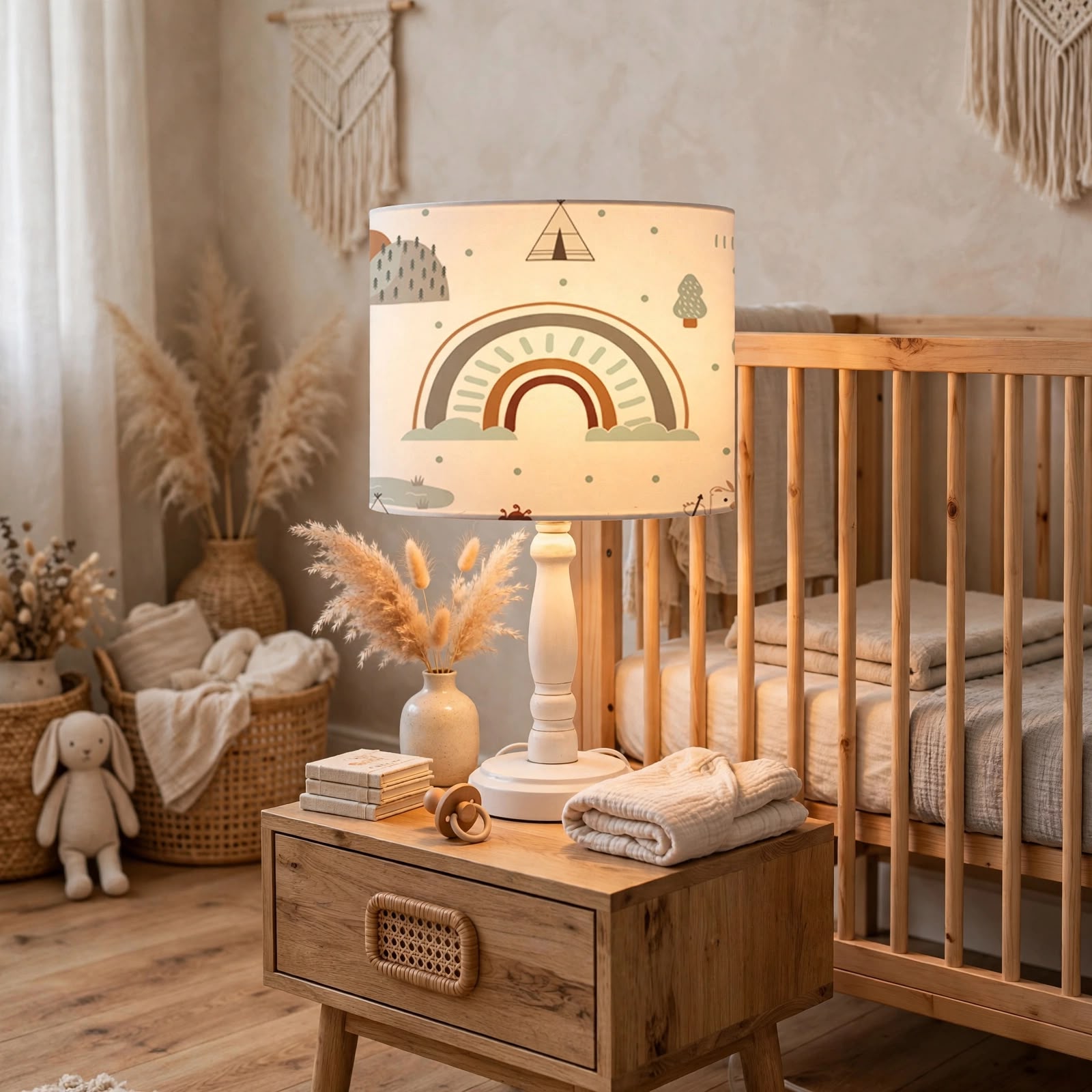 Minibabyrooms Seksek Gökkuşağı Desenli Ahşap Oyma Ayak Abajur