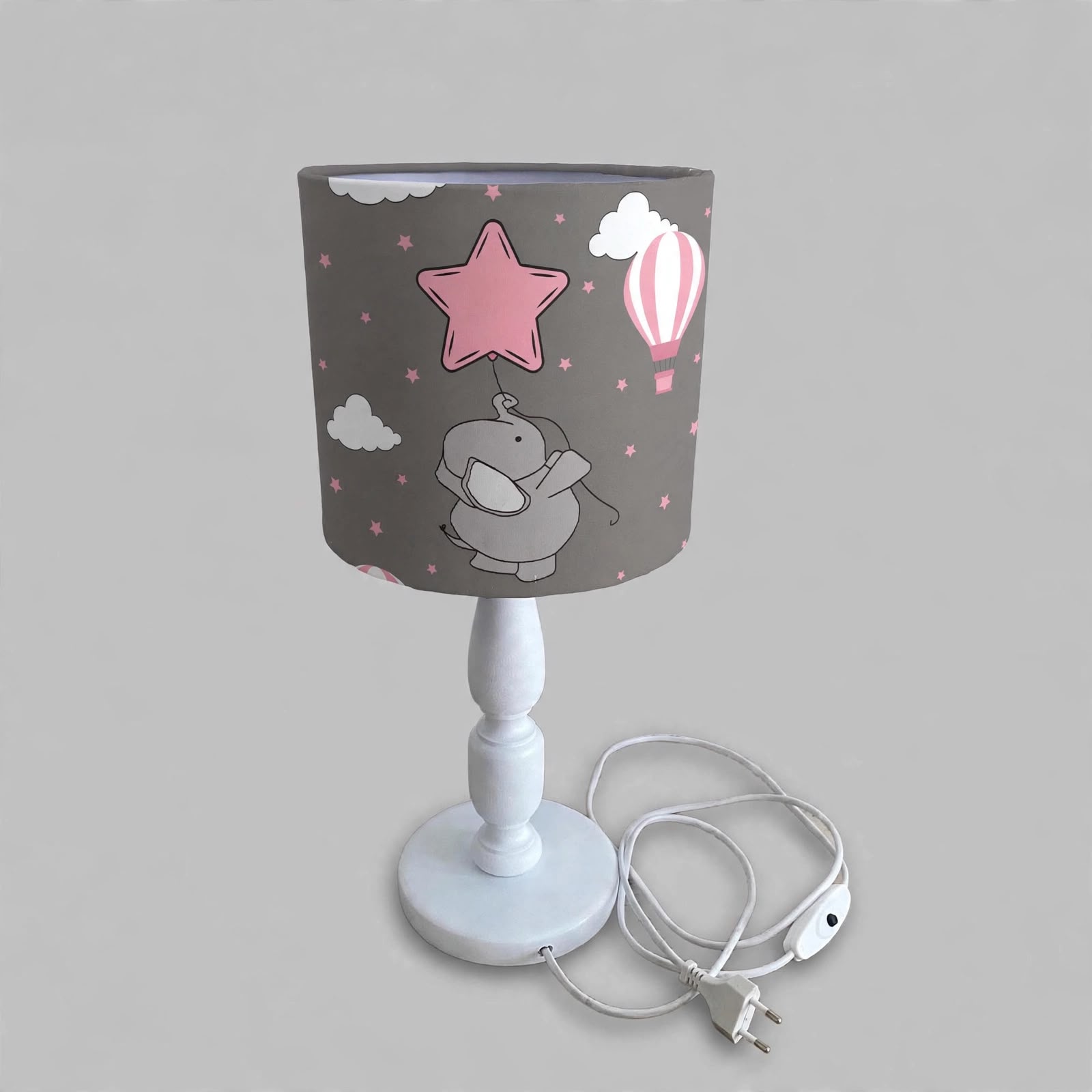Minibabyrooms Pembe Yıldızlı Fil Desenli Ahşap Oyma Ayak Abajur