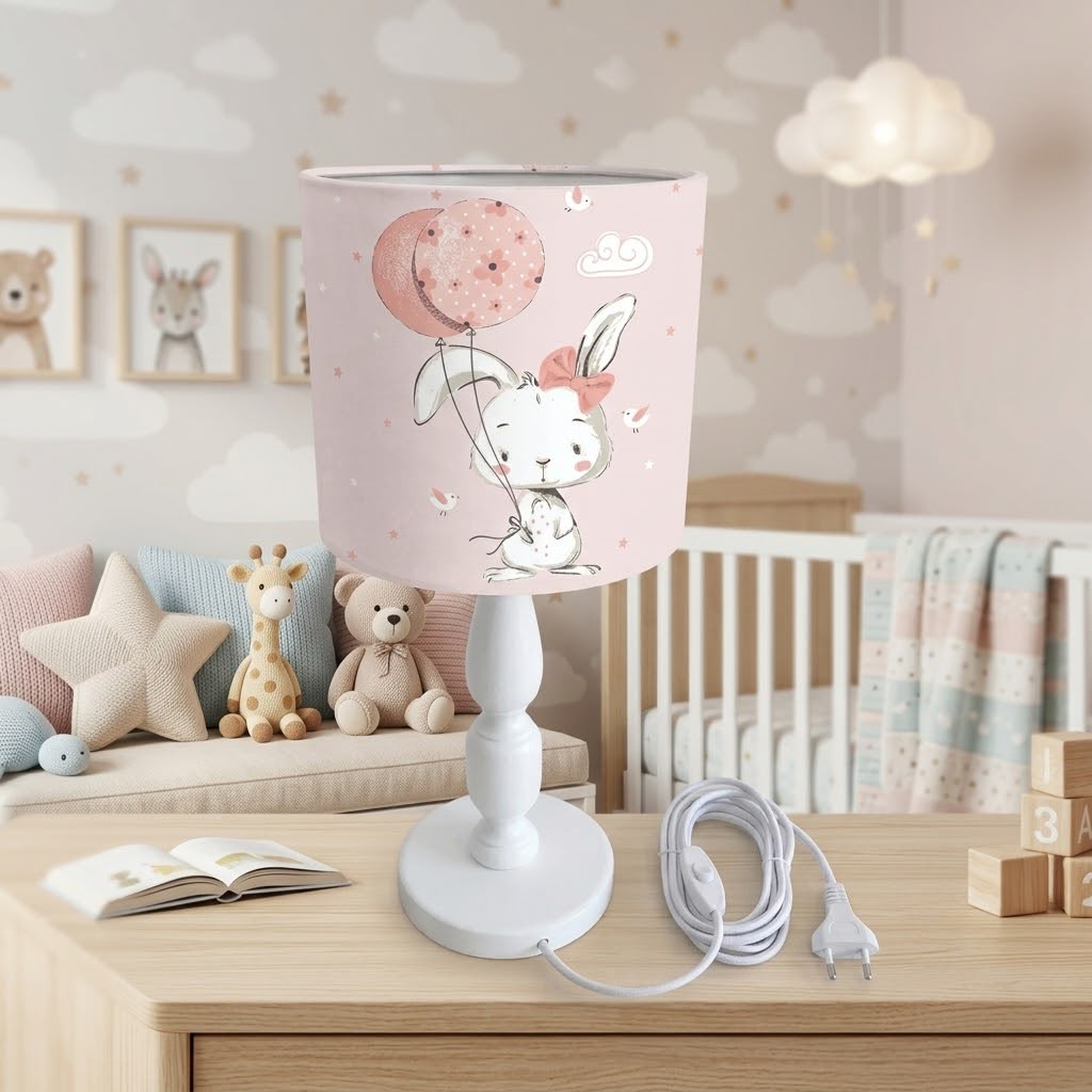 Minibabyrooms Balonlu Tavşan Desenli Ahşap Oyma Ayak Abajur