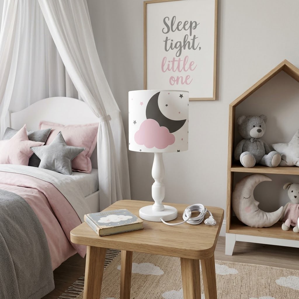 Minibabyrooms Ay Yıldız Bulut Desenli Ahşap Oyma Ayak Abajur