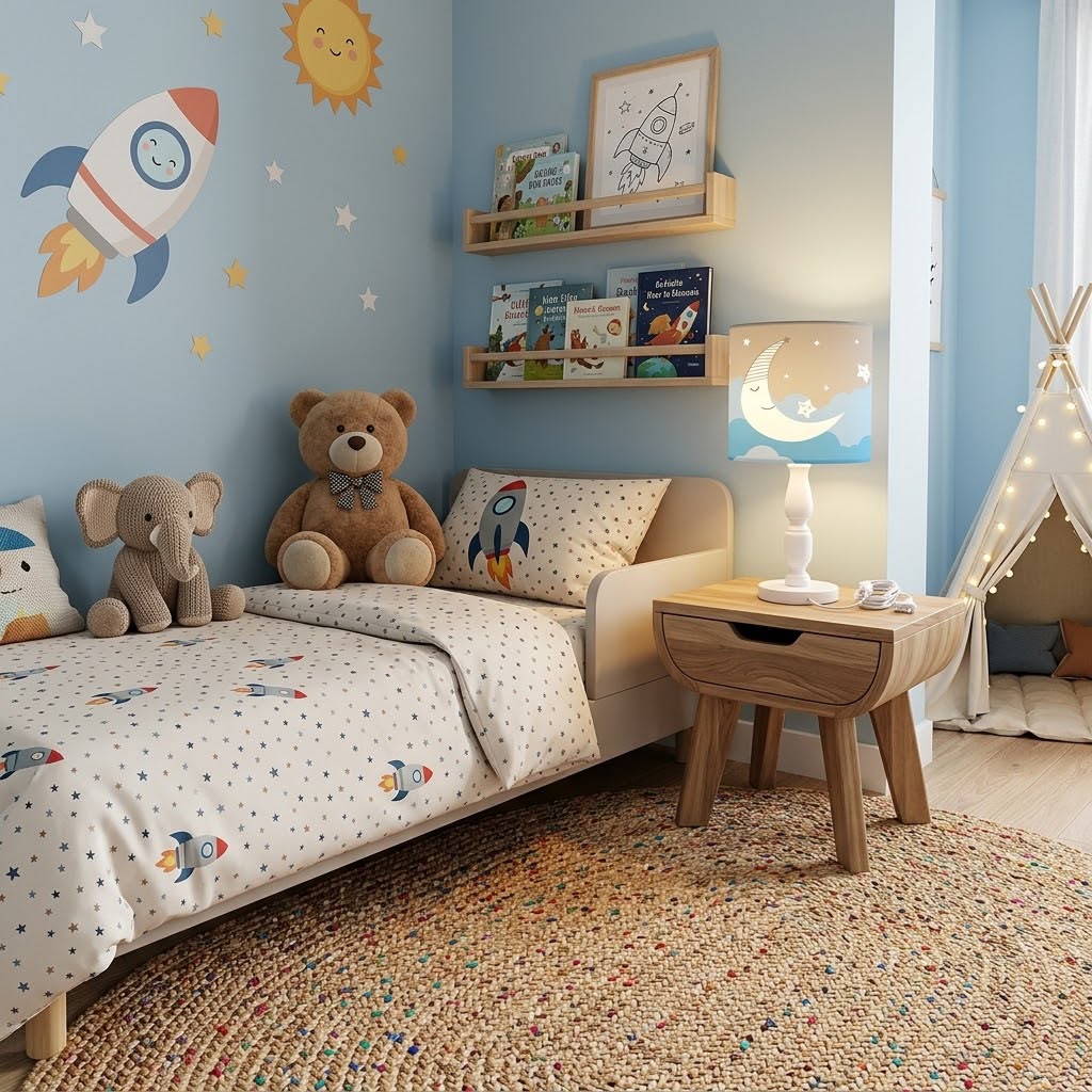 Minibabyrooms Mavi Ay ve Yıldızlar Desenli Ahşap Oyma Ayak Abajur