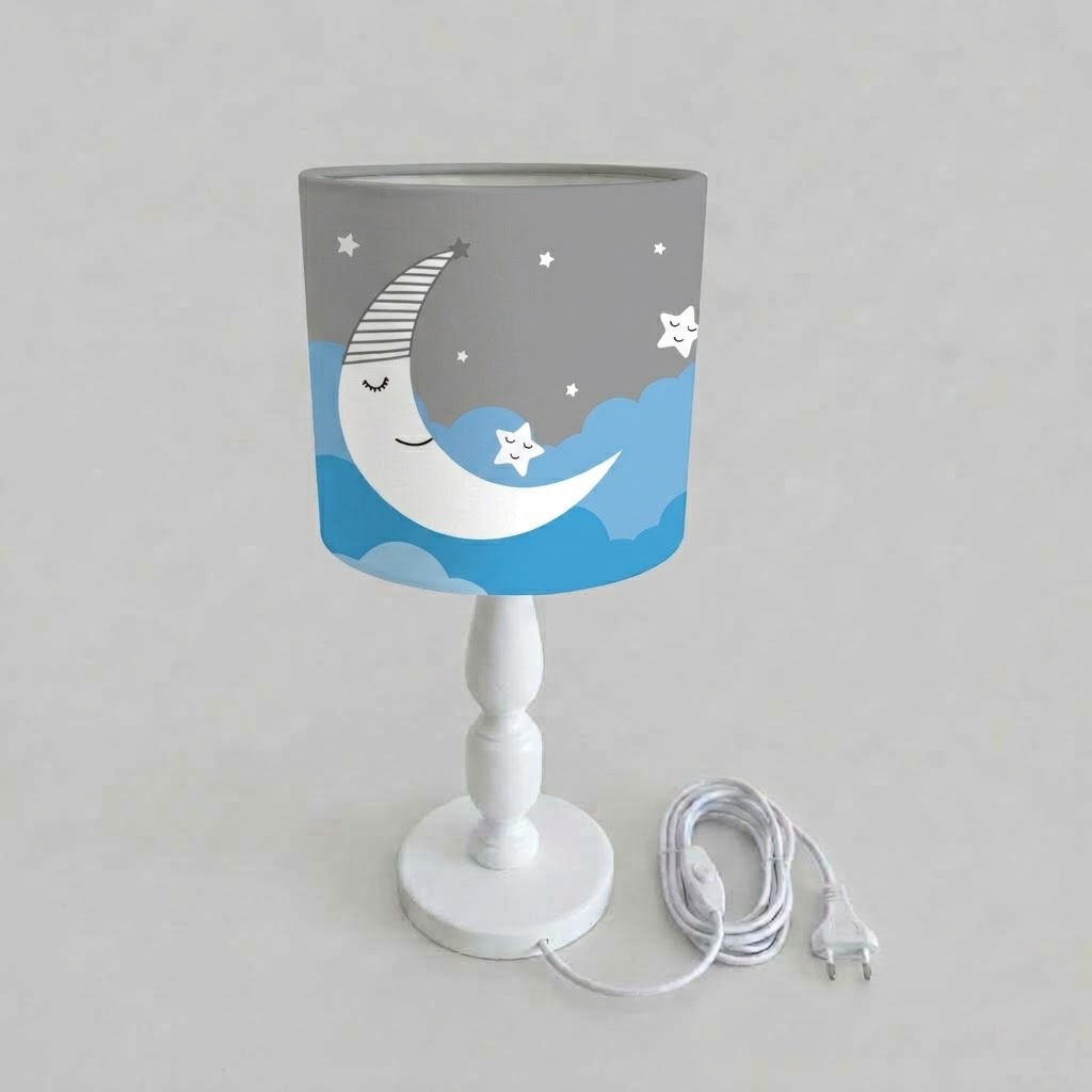 Minibabyrooms Mavi Ay ve Yıldızlar Desenli Ahşap Oyma Ayak Abajur