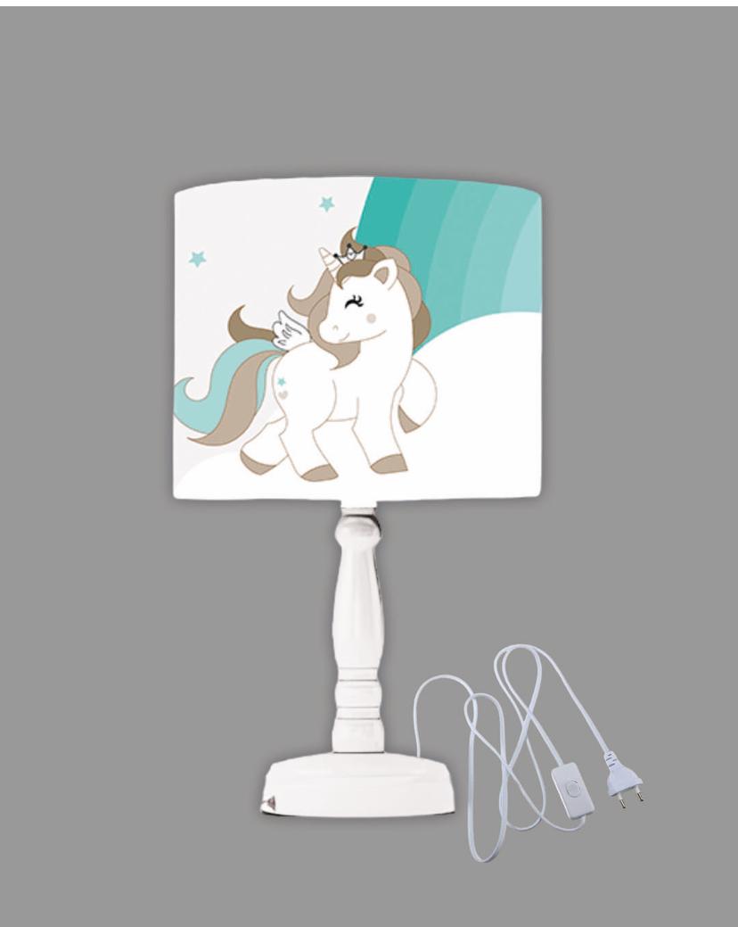 Minibabyrooms Yeşil Unicorn ve Gökkuşağı Desenli Ahşap Oyma Ayak Abajur