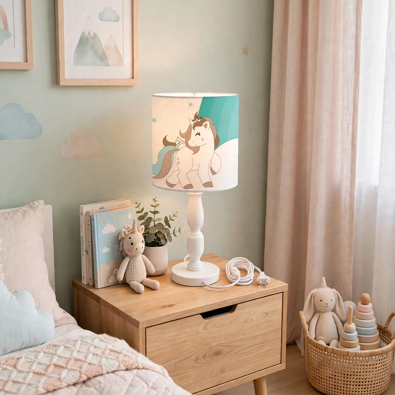 Minibabyrooms Yeşil Unicorn ve Gökkuşağı Desenli Ahşap Oyma Ayak Abajur