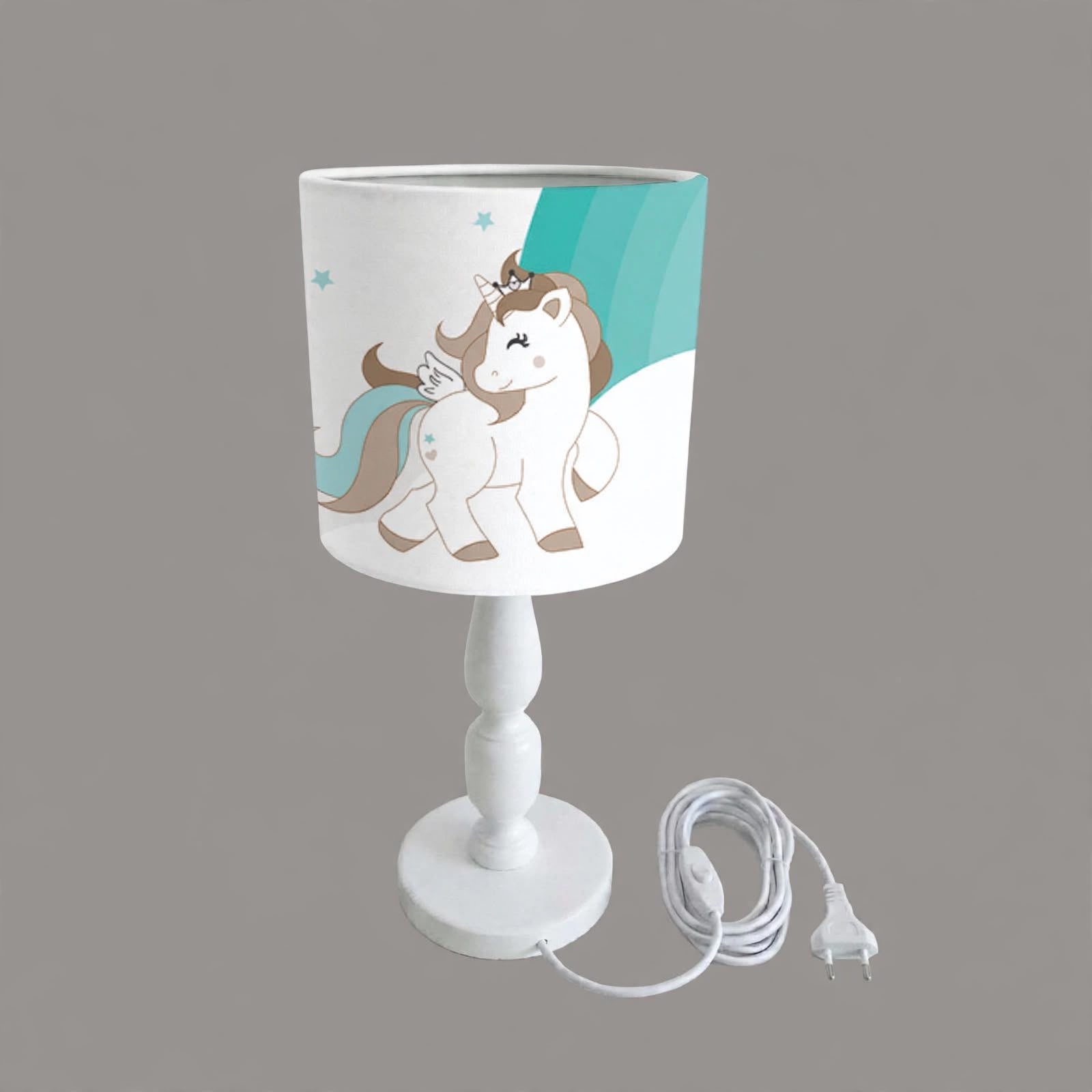 Minibabyrooms Yeşil Unicorn ve Gökkuşağı Desenli Ahşap Oyma Ayak Abajur