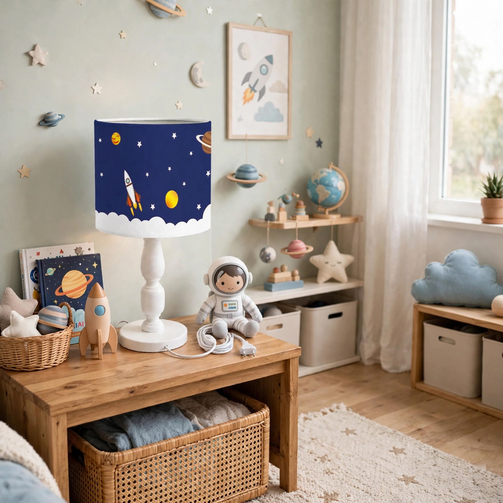 Minibabyrooms Uzay ve Seksek Desenli Ahşap Oyma Ayak Abajur