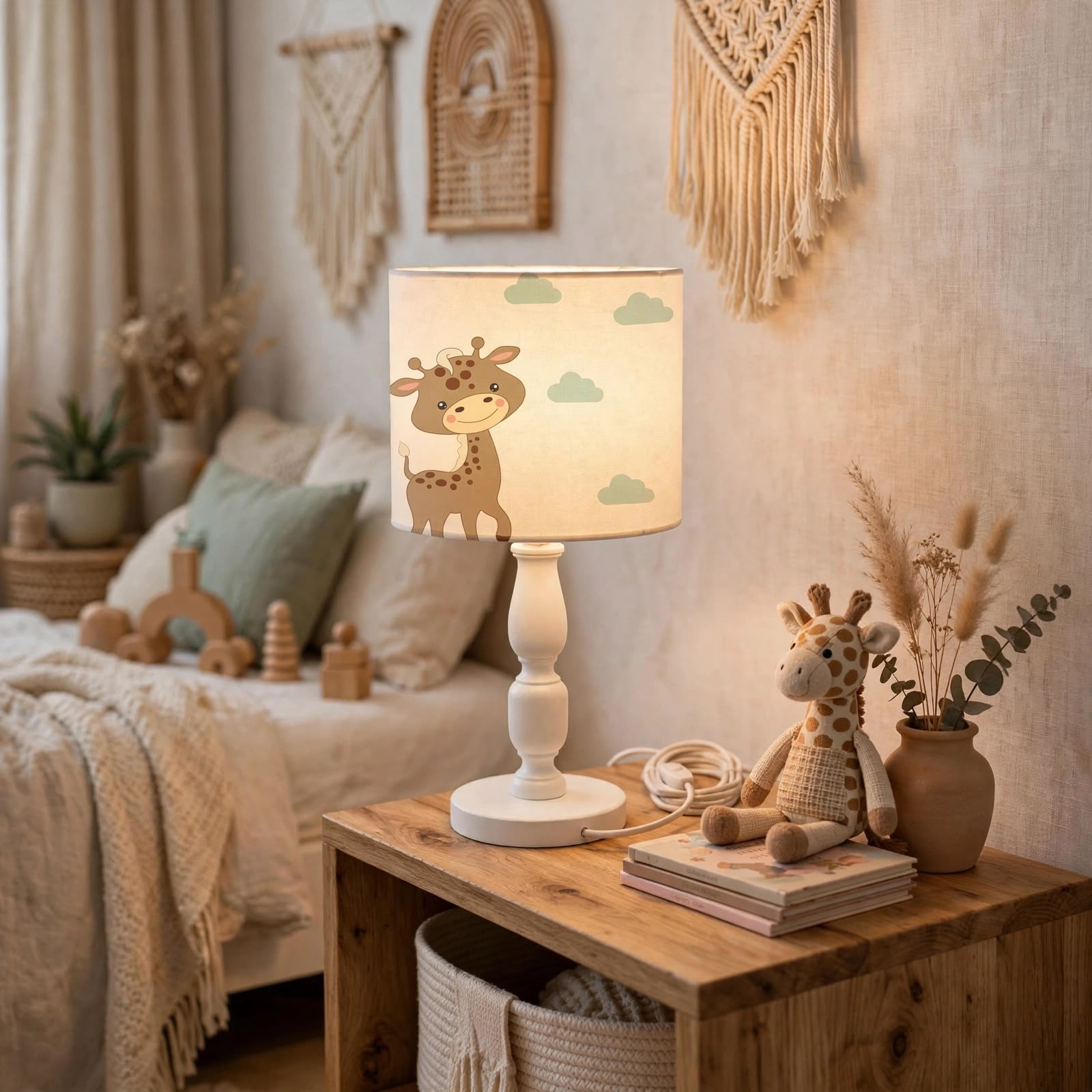 Minibabyrooms Zürafa ve Gökkuşağı Desenli Ahşap Oyma Ayak Abajur