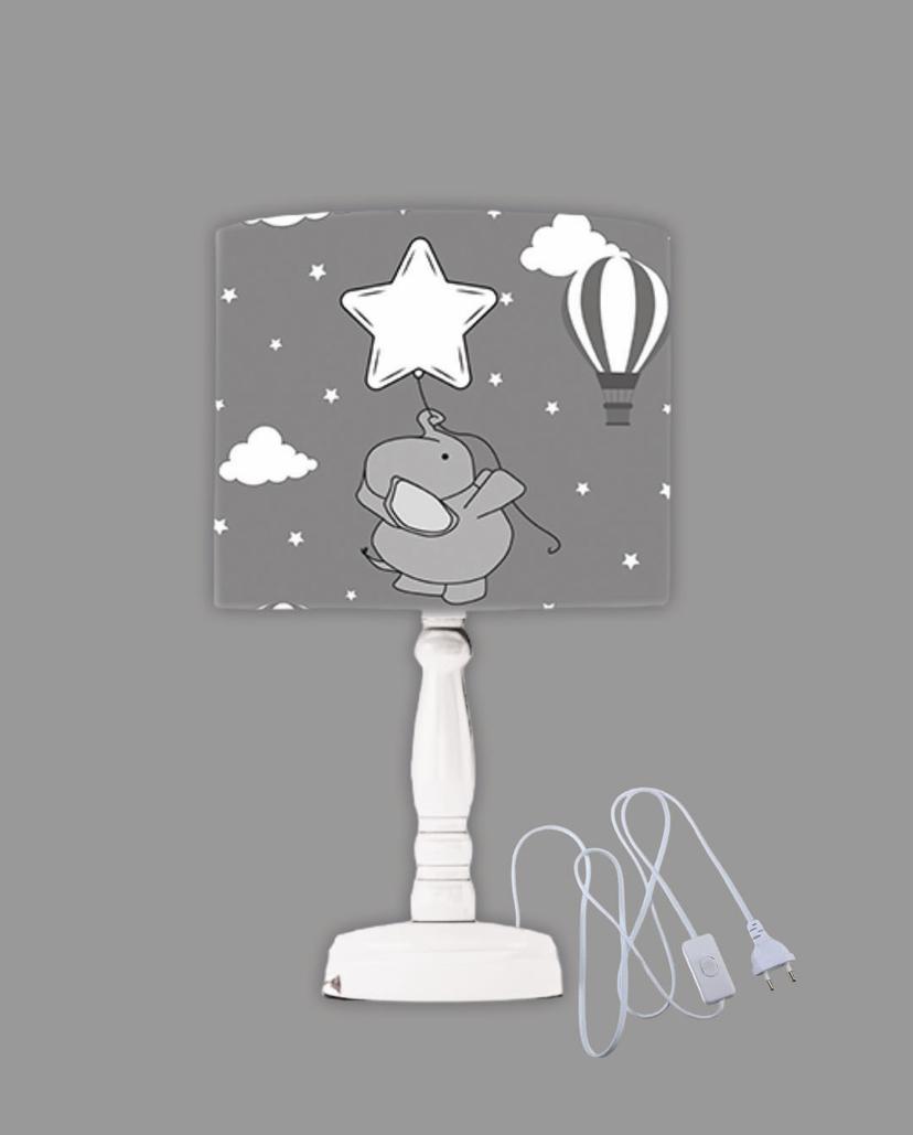 Minibabyrooms Beyaz Yıldızlı Fil Desenli Ahşap Oyma Ayak Abajur