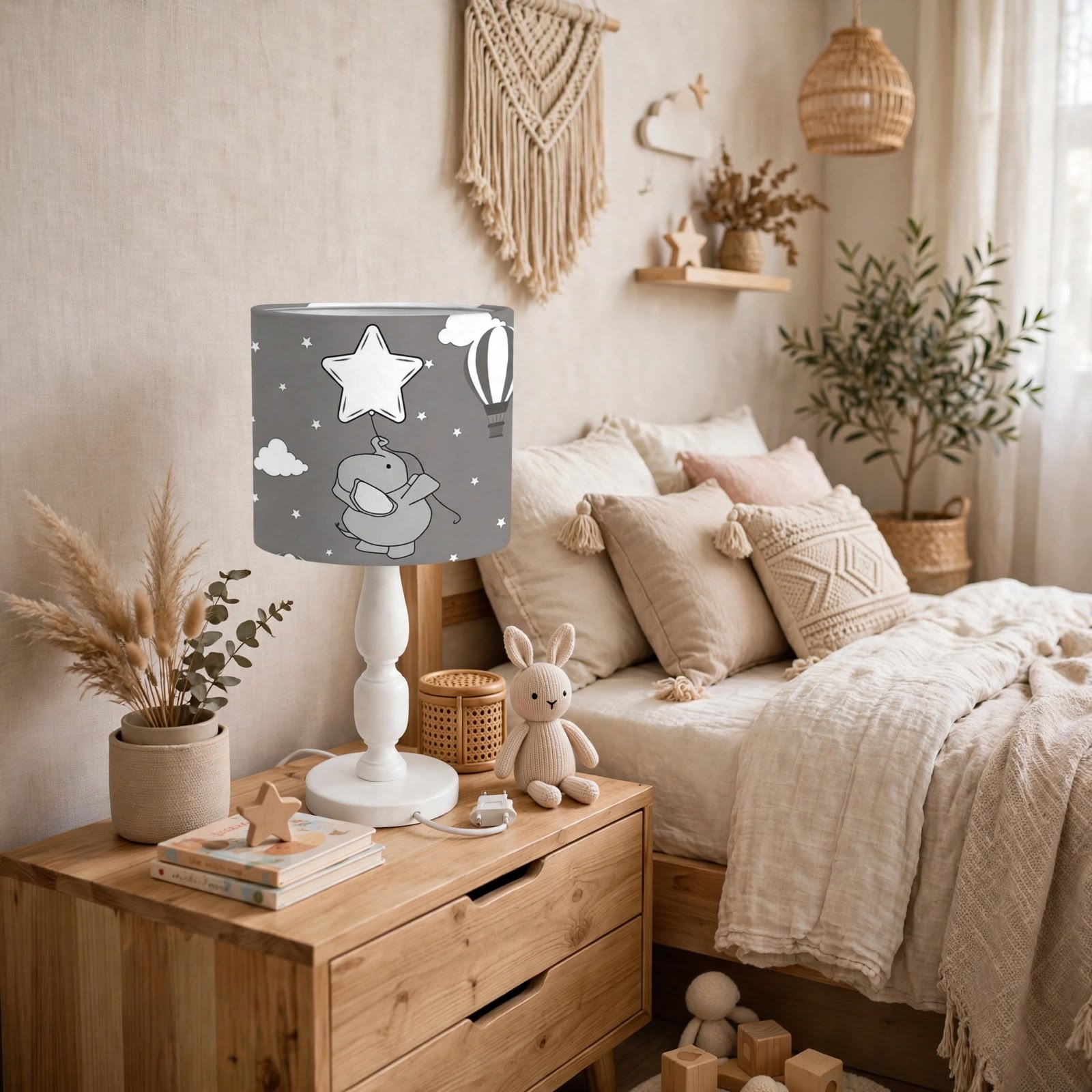 Minibabyrooms Beyaz Yıldızlı Fil Desenli Ahşap Oyma Ayak Abajur