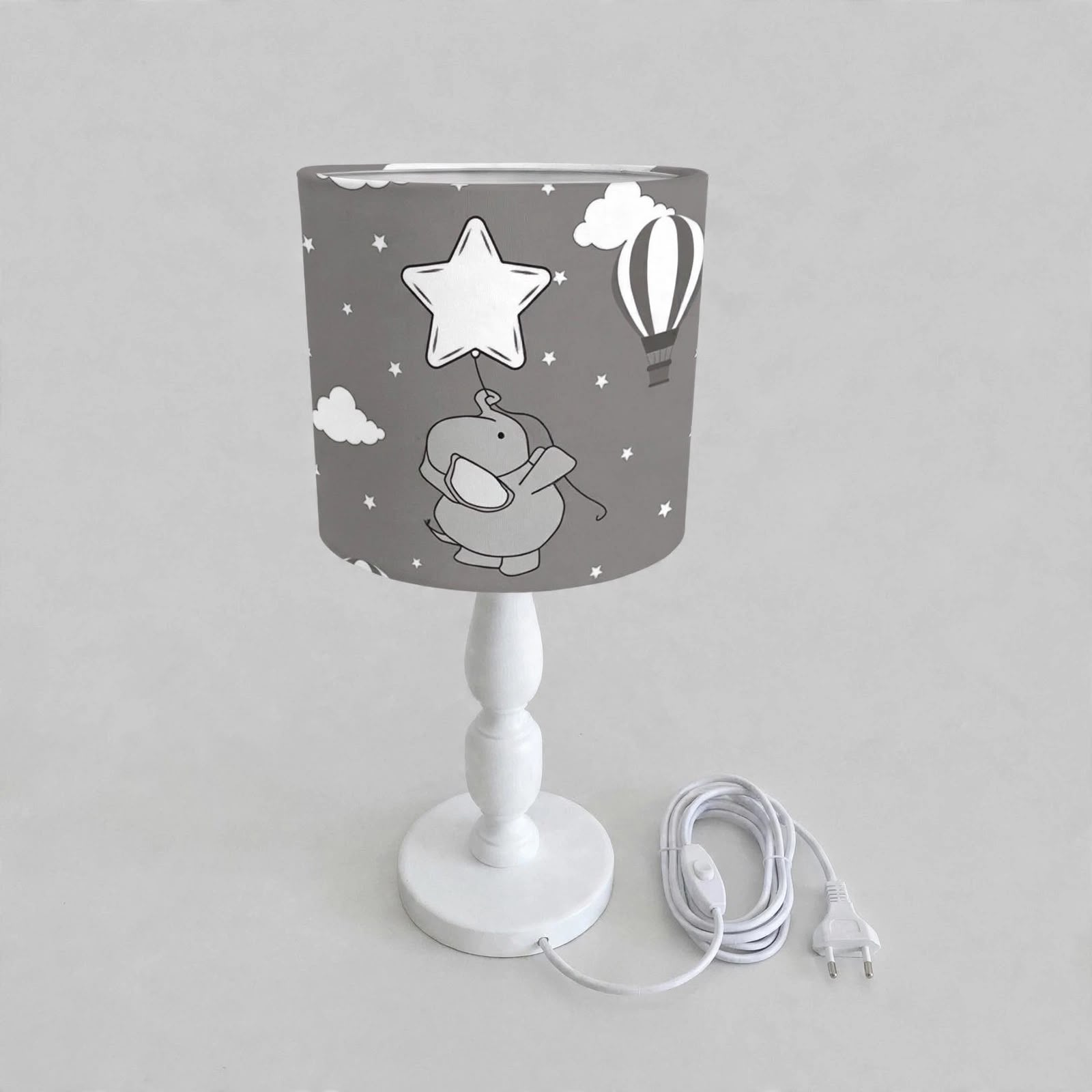 Minibabyrooms Beyaz Yıldızlı Fil Desenli Ahşap Oyma Ayak Abajur
