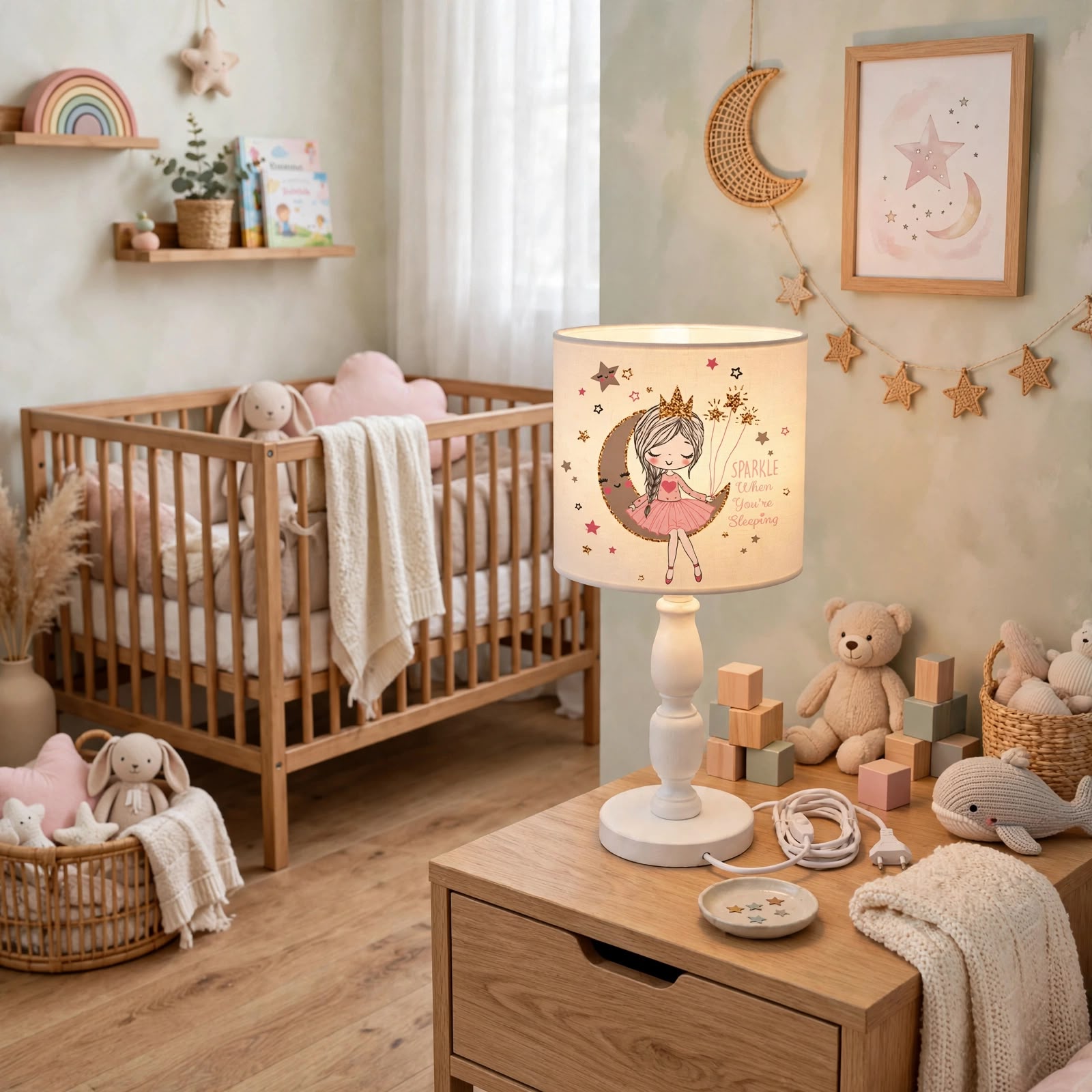 Minibabyrooms Ayda Oturan Kız Desenli Ahşap Oyma Ayak Abajur