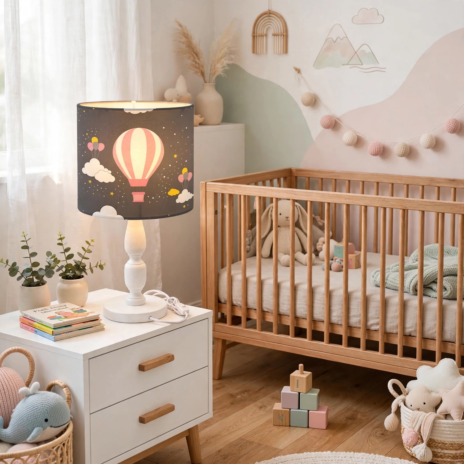Minibabyrooms Pembe Uçan Balon Desenli Ahşap Oyma Ayak Abajur