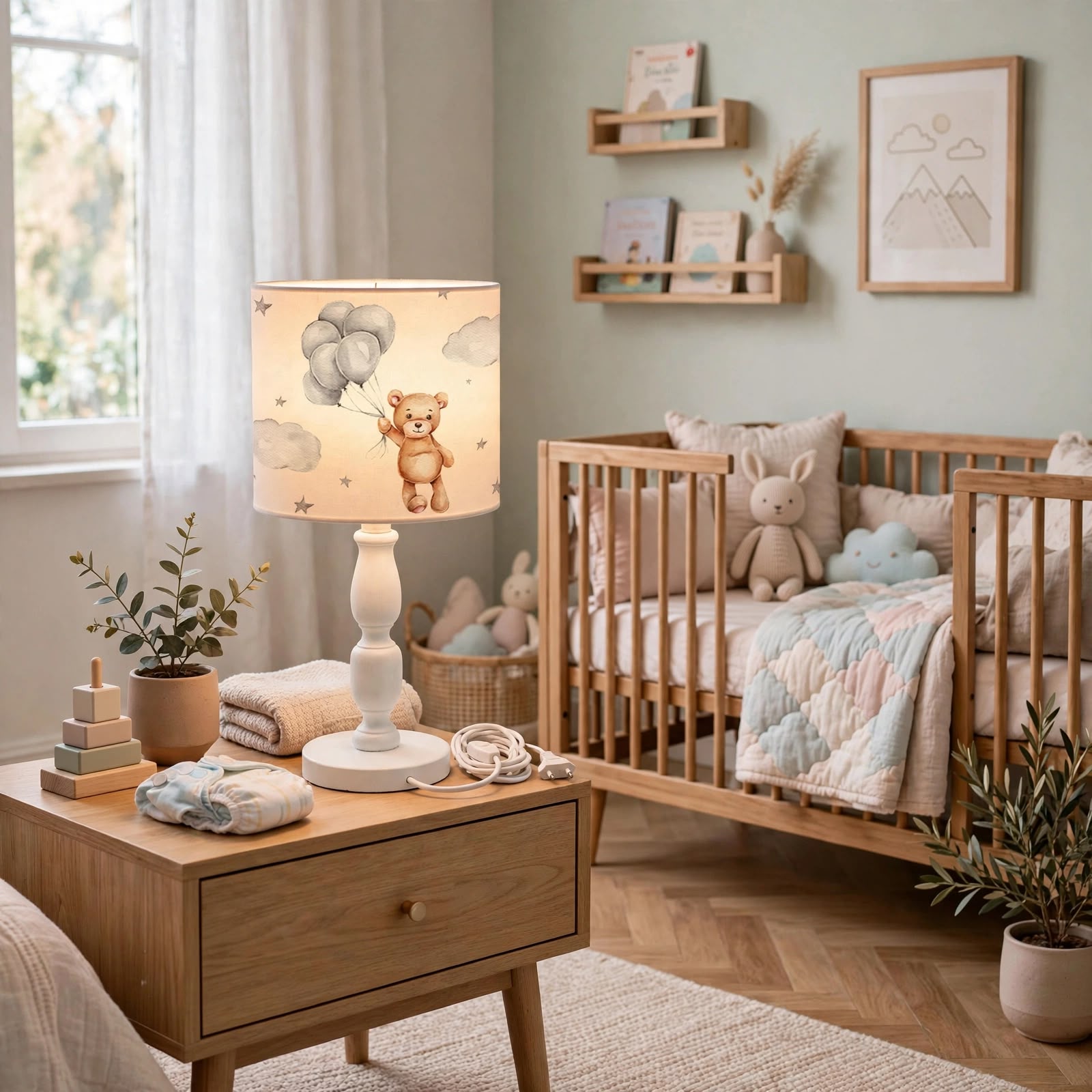 Minibabyrooms Balonlu Ayıcık Desenli Ahşap Oyma Ayak Abajur