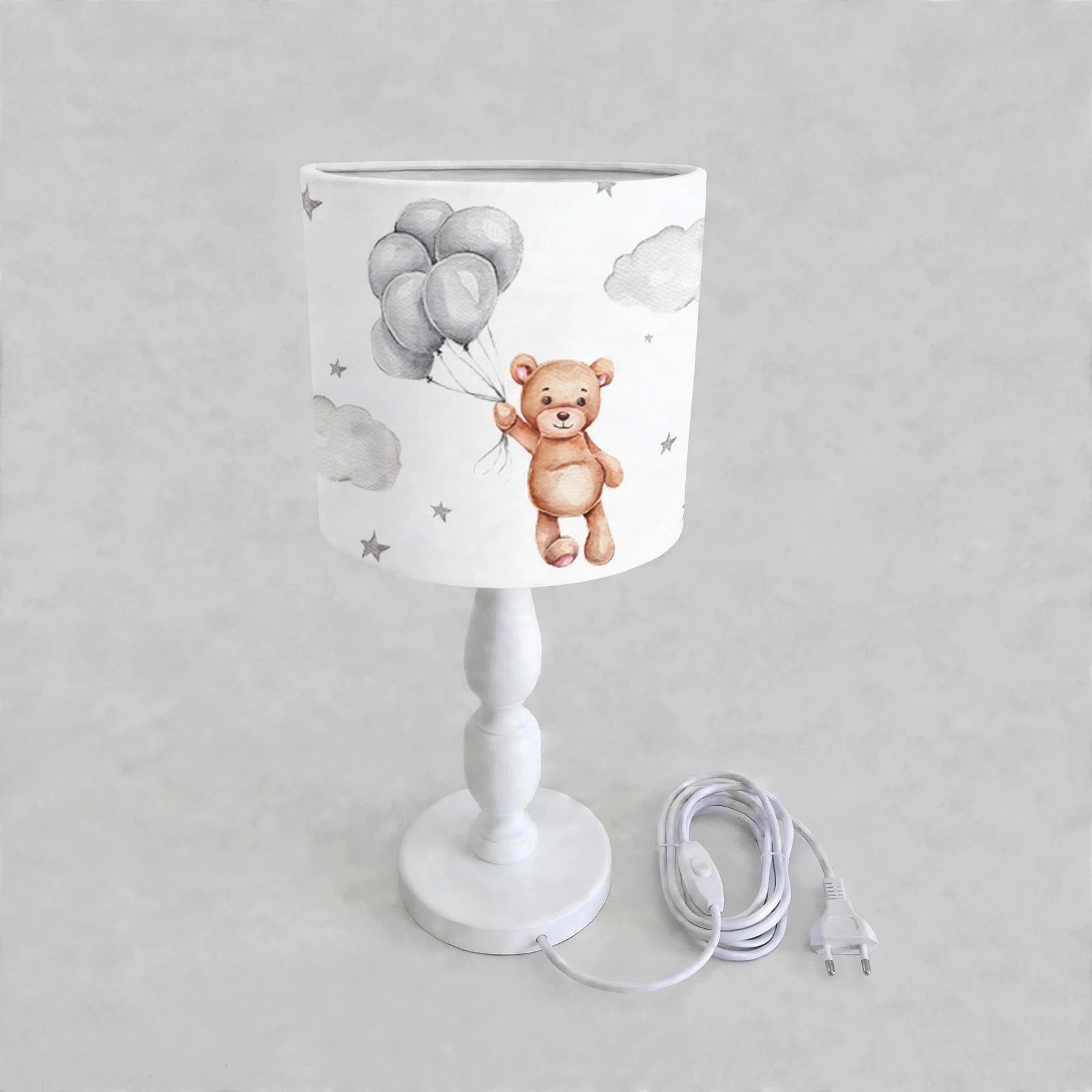 Minibabyrooms Balonlu Ayıcık Desenli Ahşap Oyma Ayak Abajur
