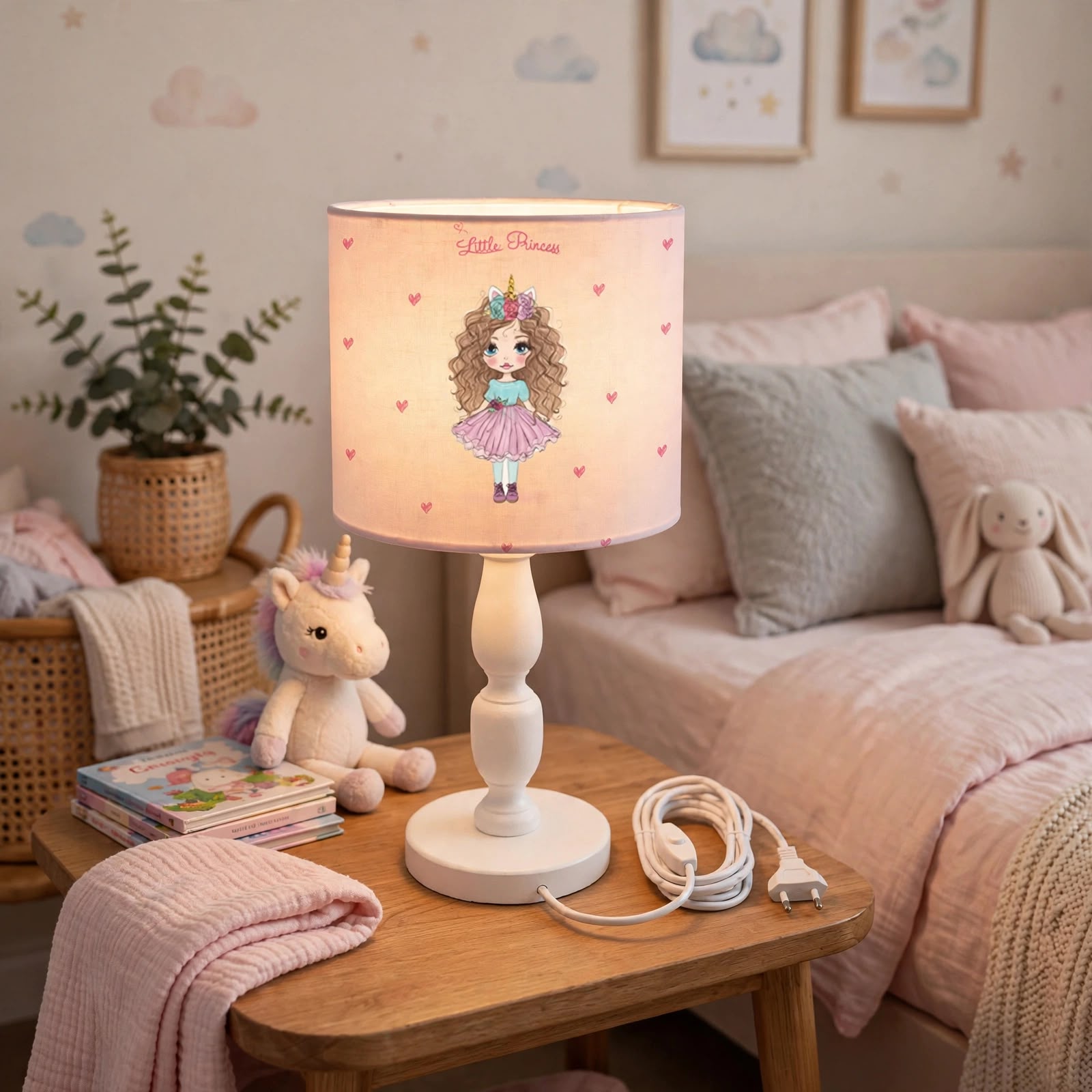 Minibabyrooms Kabarık Saçlı Prenses Desenli Ahşap Oyma Ayak Abajur