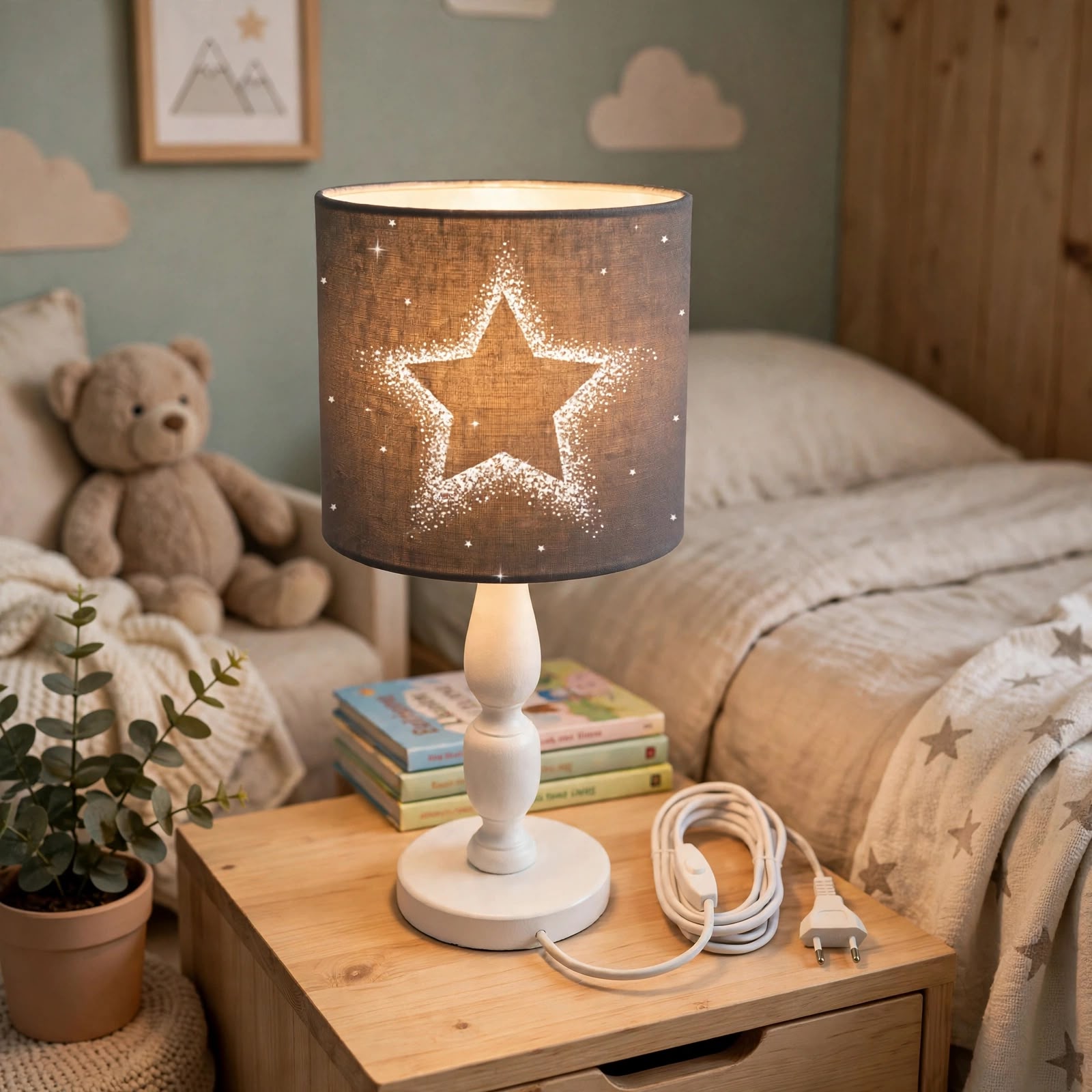 Minibabyrooms Gri Parlak Yıldız Desenli Ahşap Oyma Ayak Abajur