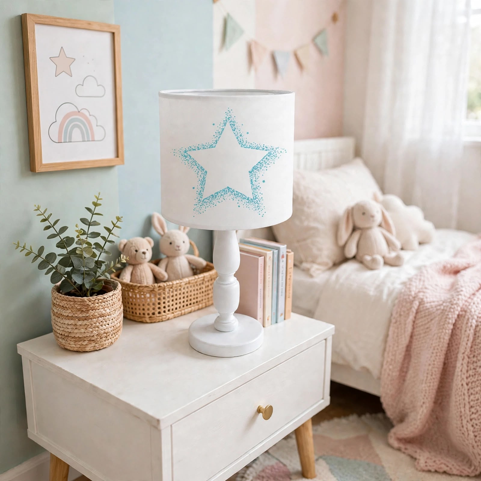Minibabyrooms Yeşil Yıldız Desenli Ahşap Oyma Ayak Abajur