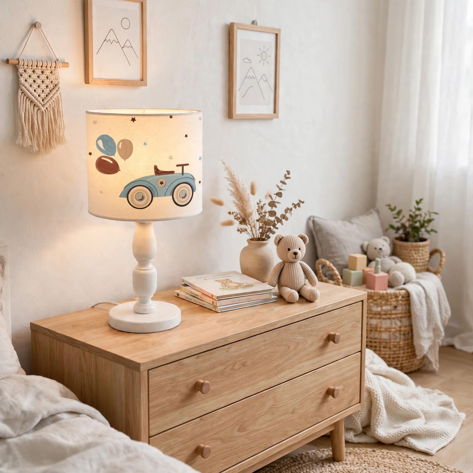 Minibabyrooms Klasik Araba ve Bolonlar Desenli Ahşap Oyma Ayak Abajur