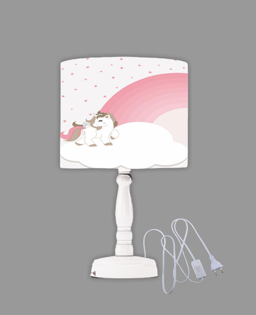Minibabyrooms  Pembe Unicorn ve Gökkuşağı Desenli Ahşap Oyma Ayak Abajur