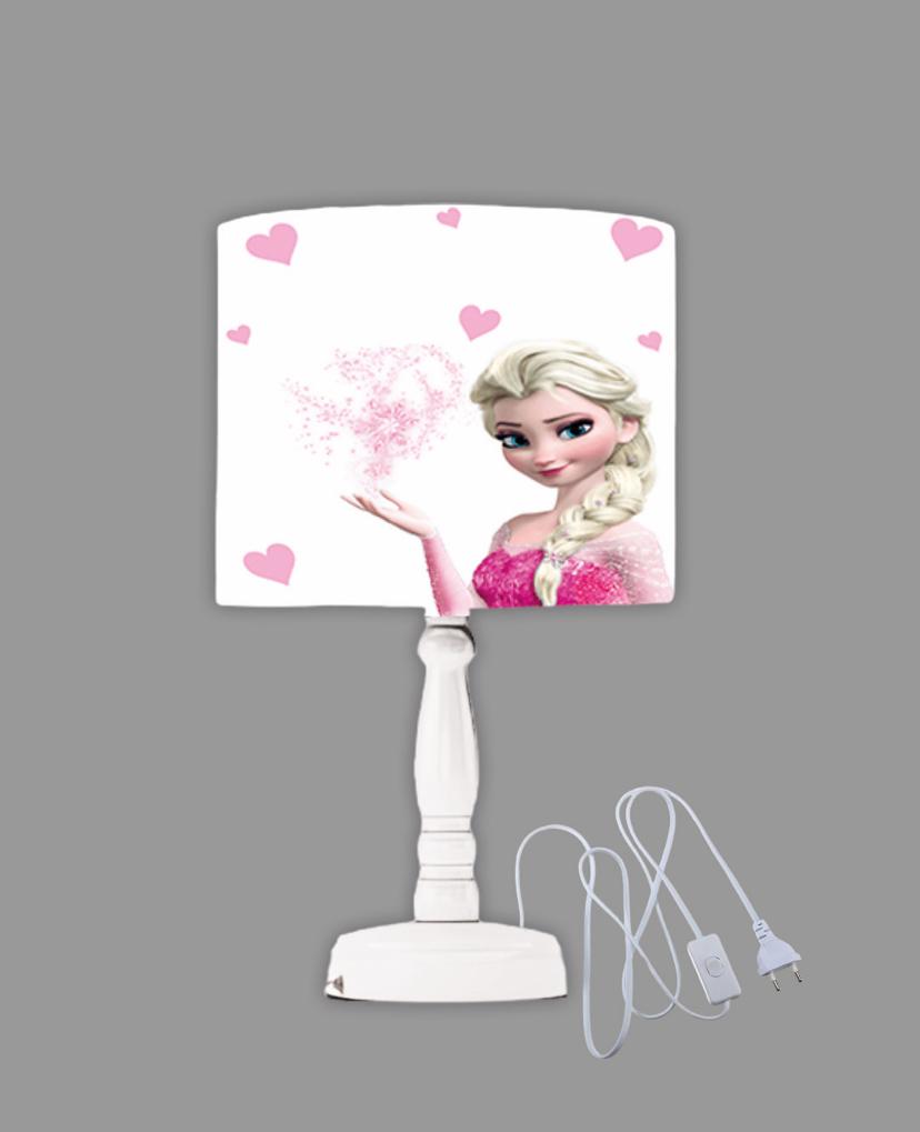 Minibabyrooms Elsa ve Pembe Kalplar Desenli Ahşap Oyma Ayak Abajur