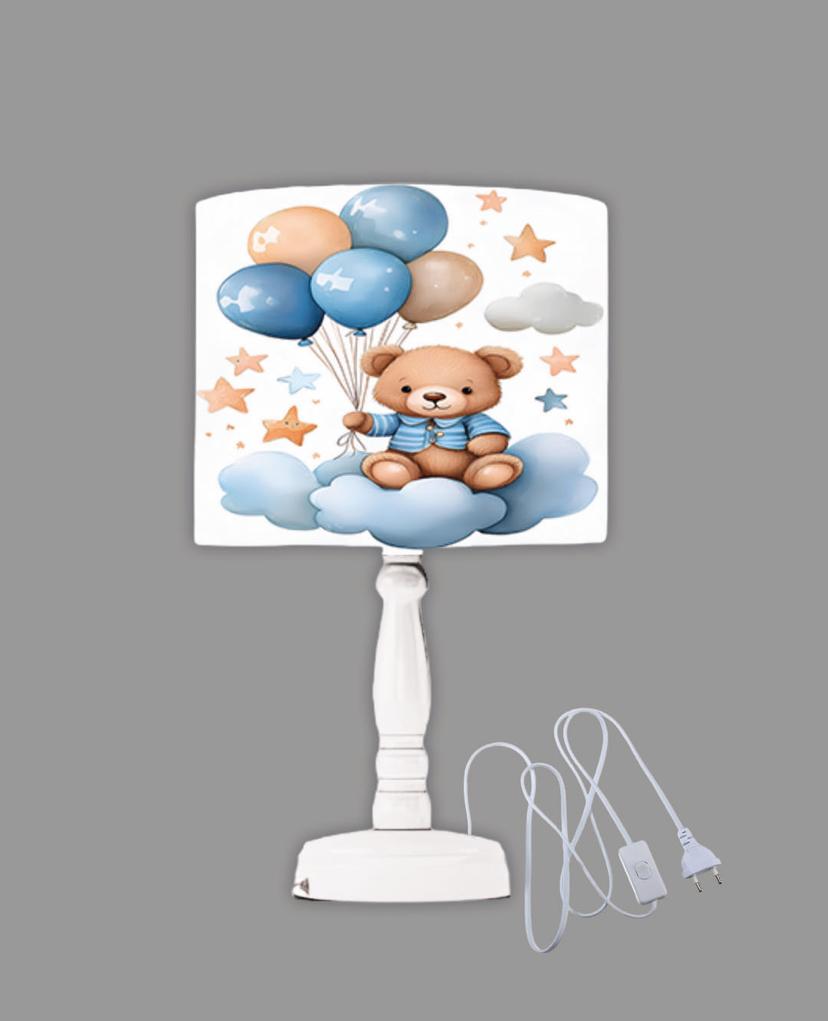 Minibabyrooms Ayıcık ve Balonlar Desenli Ahşap Oyma Ayak Abajur